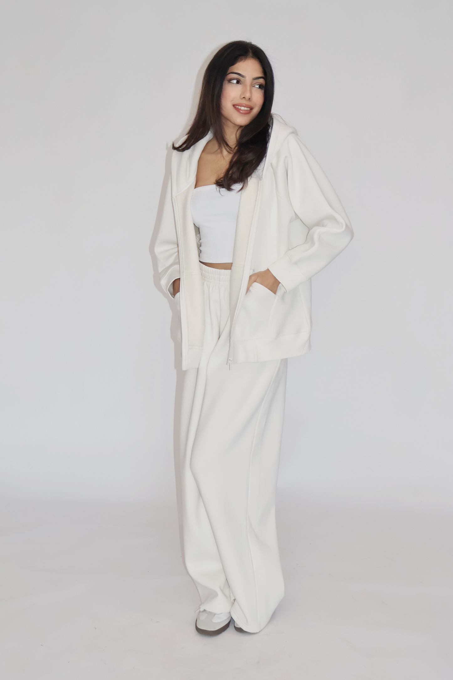 HOODED ZIPPER CO-ORD SET - (White)