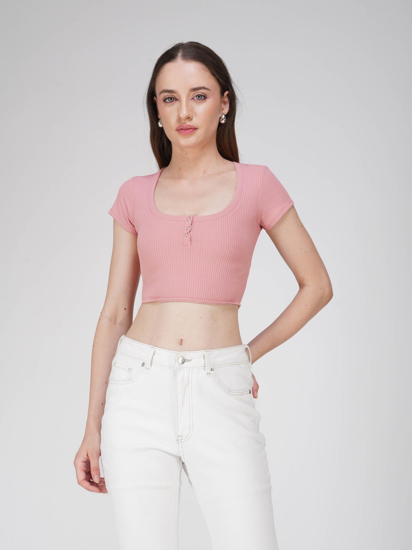 Pink Crop Scoop Neck Top - Loom Top (Flamingo)