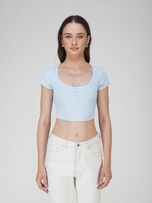 Blue Crop Scoop Neck Top - Loom Top (Sky)