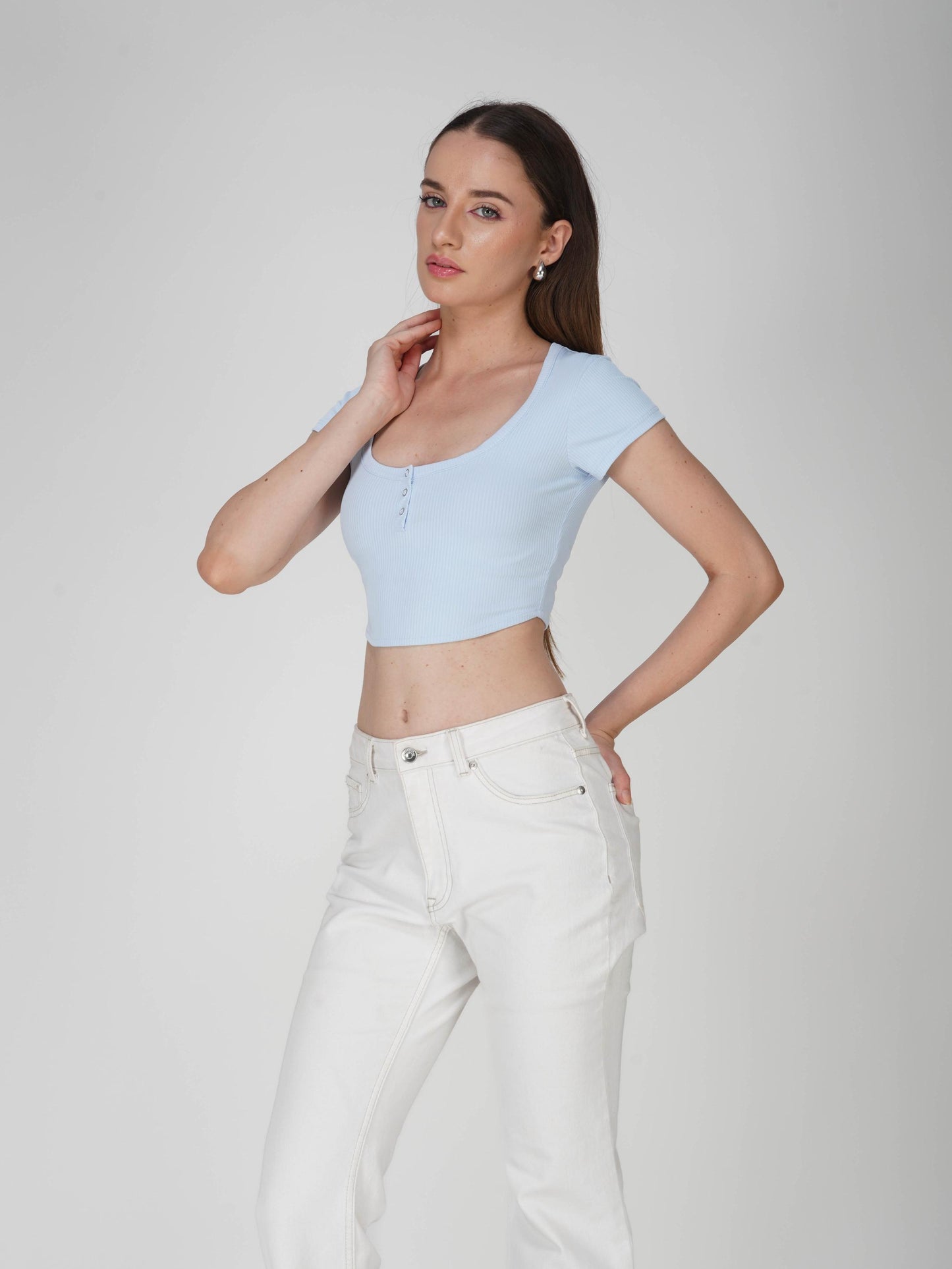 Blue Crop Scoop Neck Top - Loom Top (Sky)