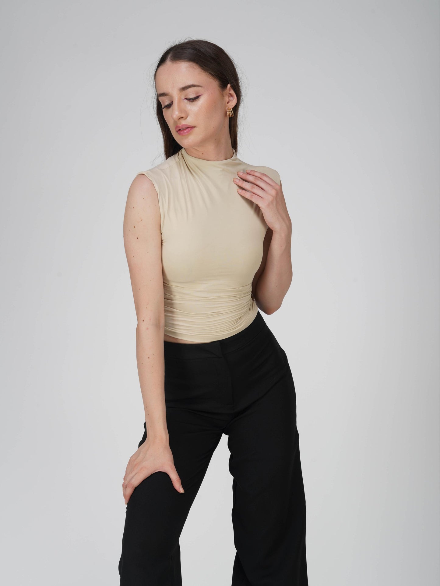 Beige Collared Yoke Top - Beam Tee (Sand)