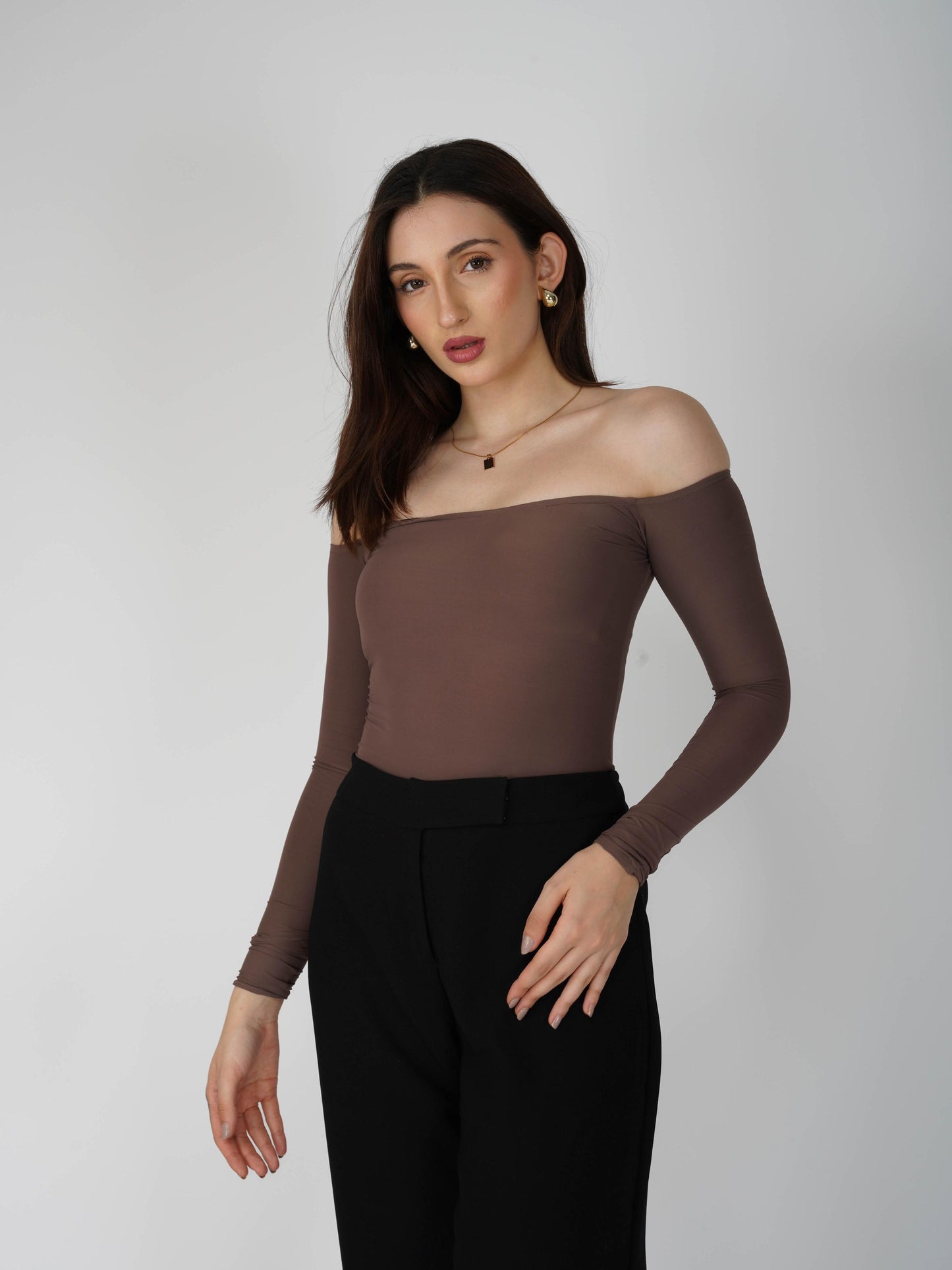Brown Off-Shoulder Bodysuit - Glaze Bodysuit (Coco)