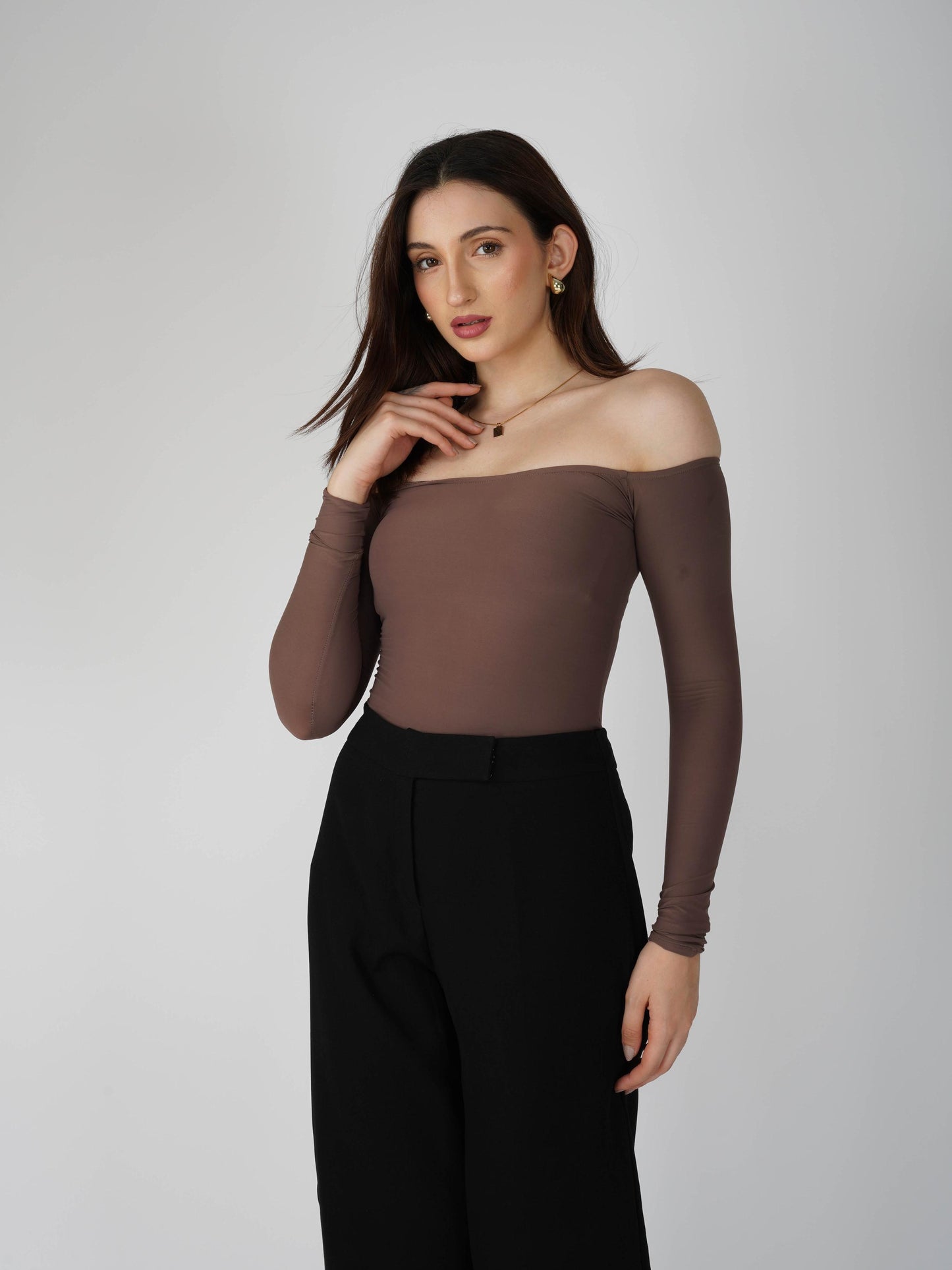 Brown Off-Shoulder Bodysuit - Glaze Bodysuit (Coco)