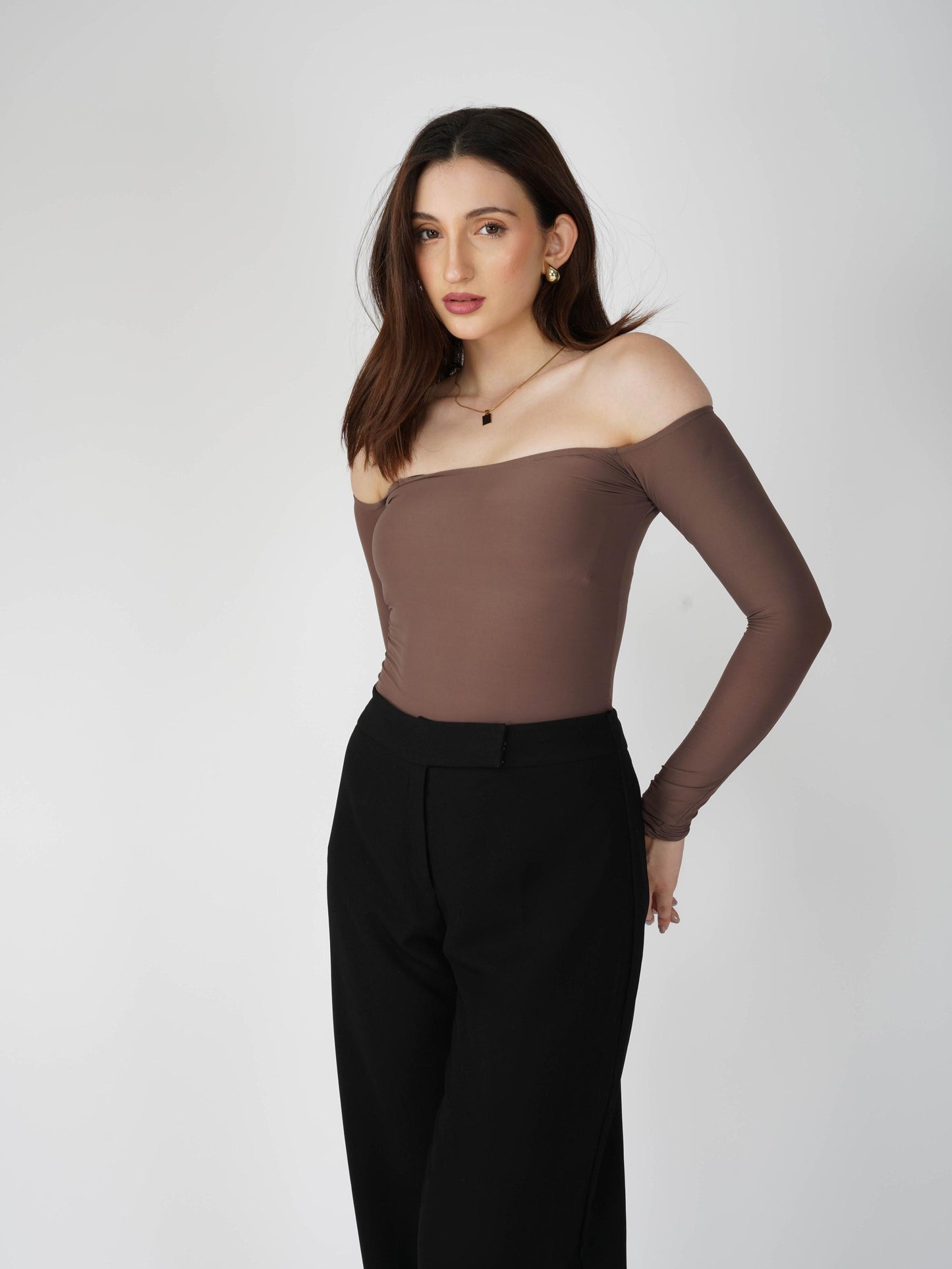 Brown Off-Shoulder Bodysuit - Glaze Bodysuit (Coco)