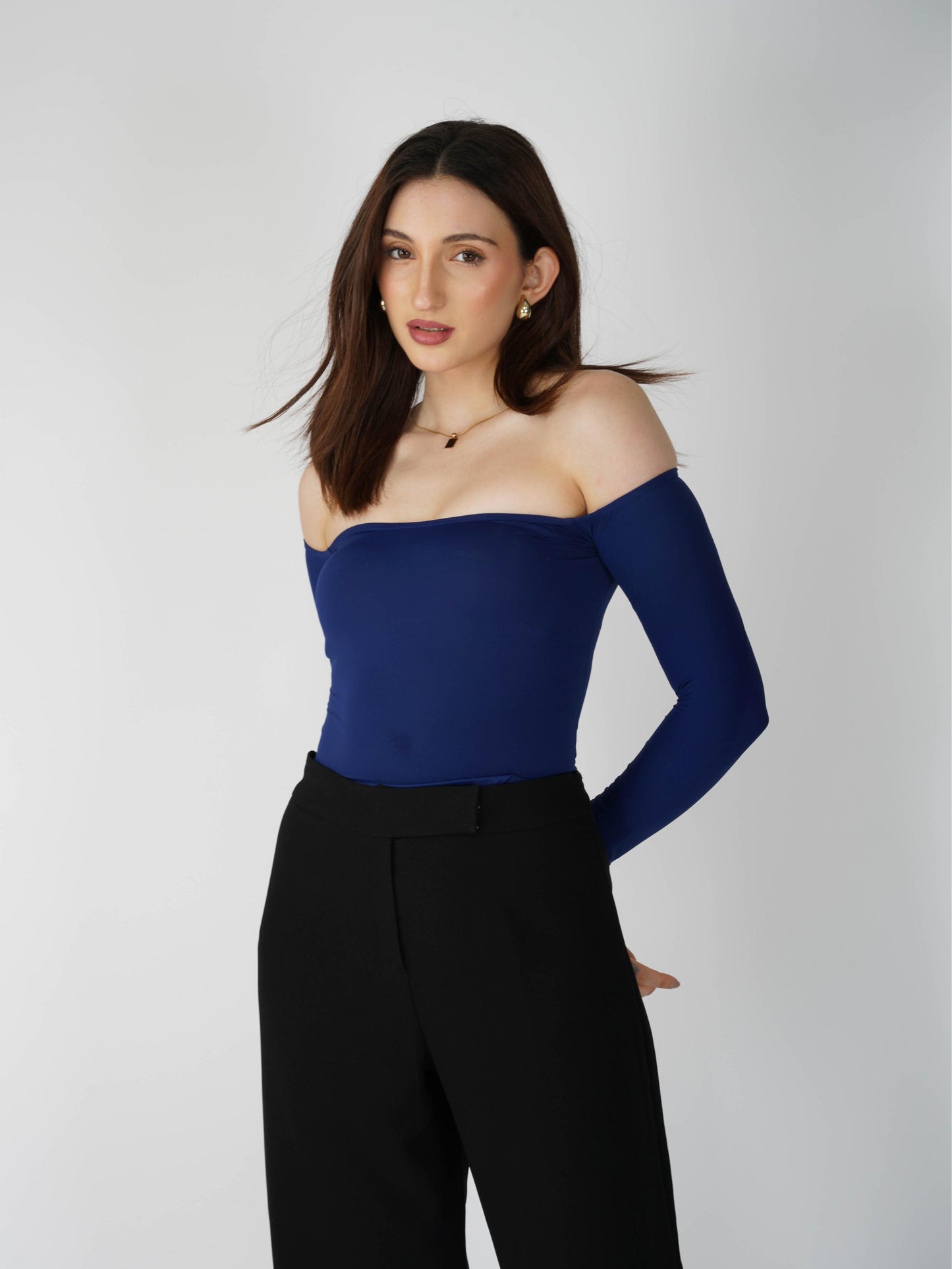 Blue Off-Shoulder Bodysuit - Glaze Bodysuit (Navy)