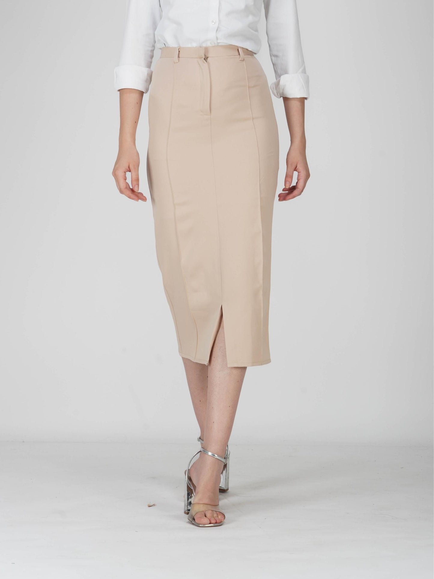 Beige Tailored Slit Skirt - Tide Skirt (Sand)