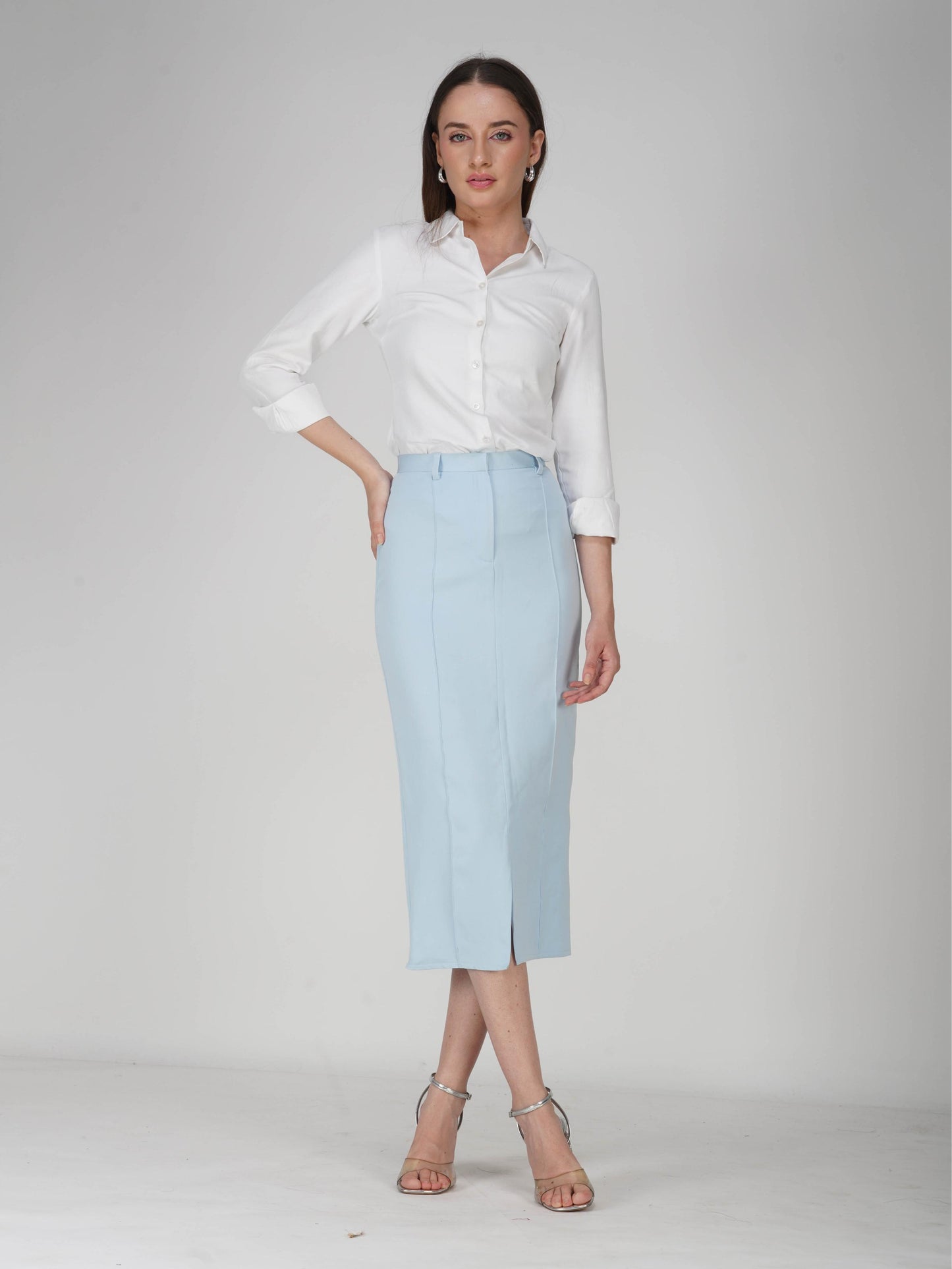 Blue Tailored Slit Skirt - Tide Skirt (Sky)