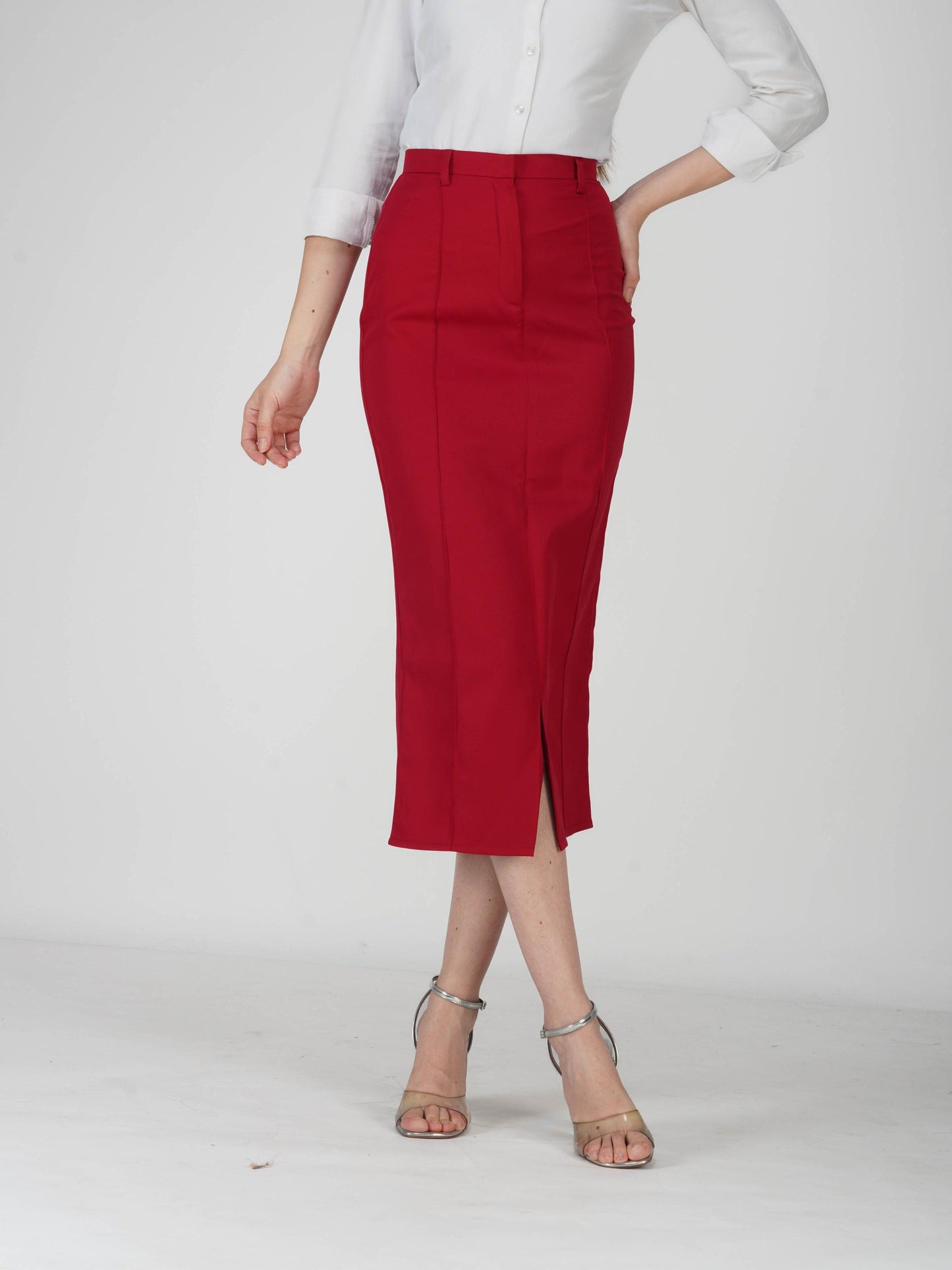 Red Tailored Slit Skirt - Tide Skirt (Cherry)