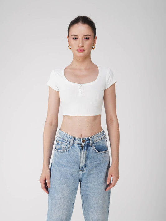 White Crop Scoop Neck Top - Loom Top (Dove)