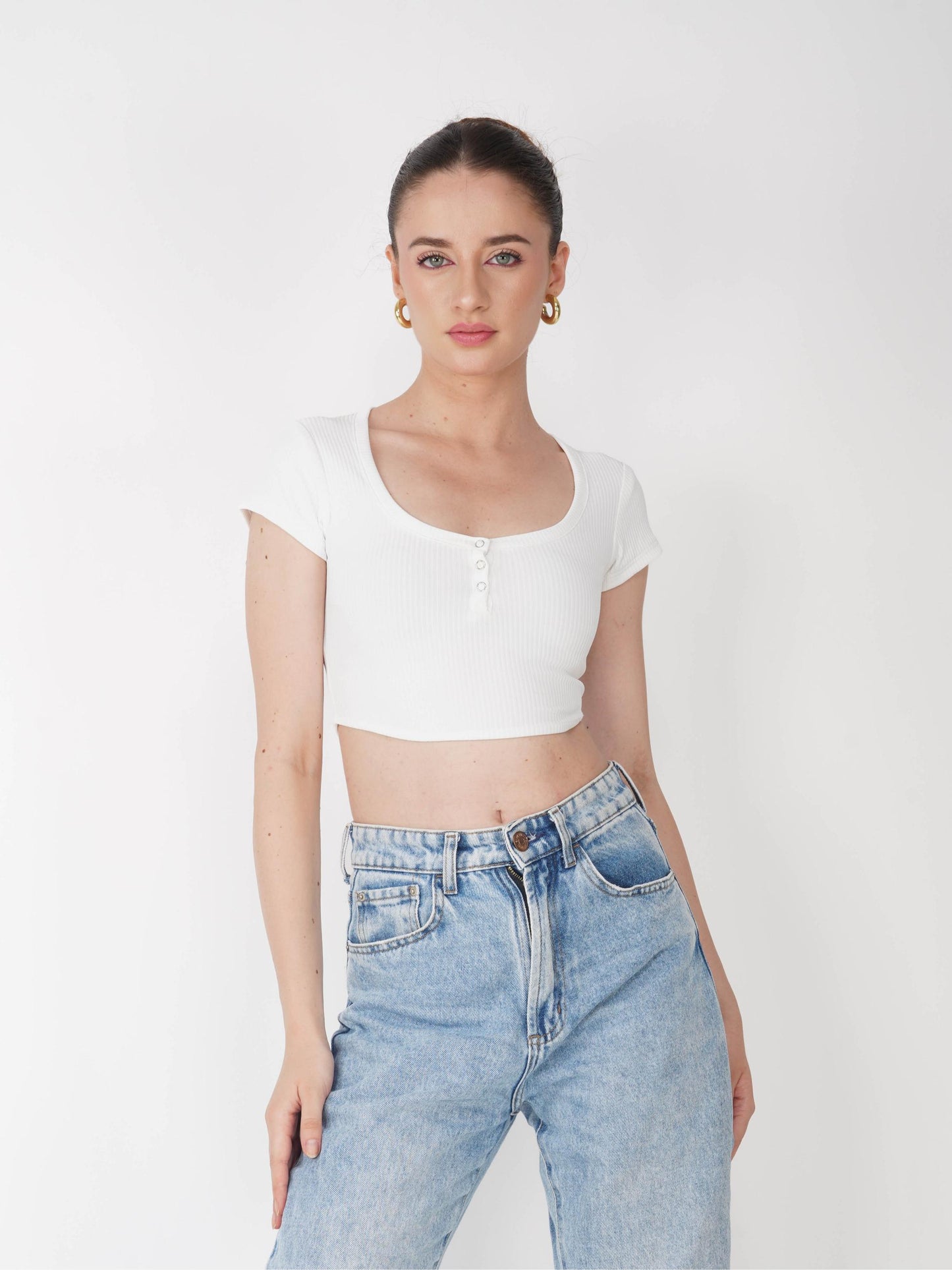 White Crop Scoop Neck Top - Loom Top (Dove)