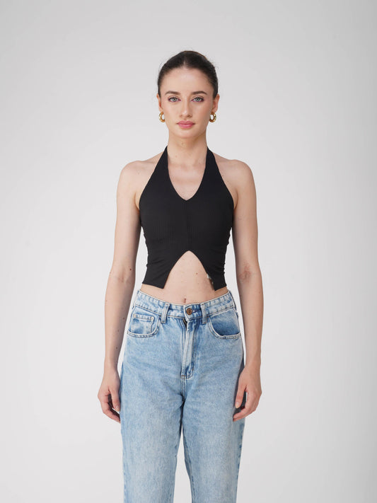 Black V-Neck Halter Top - Zest Top (Onyx)