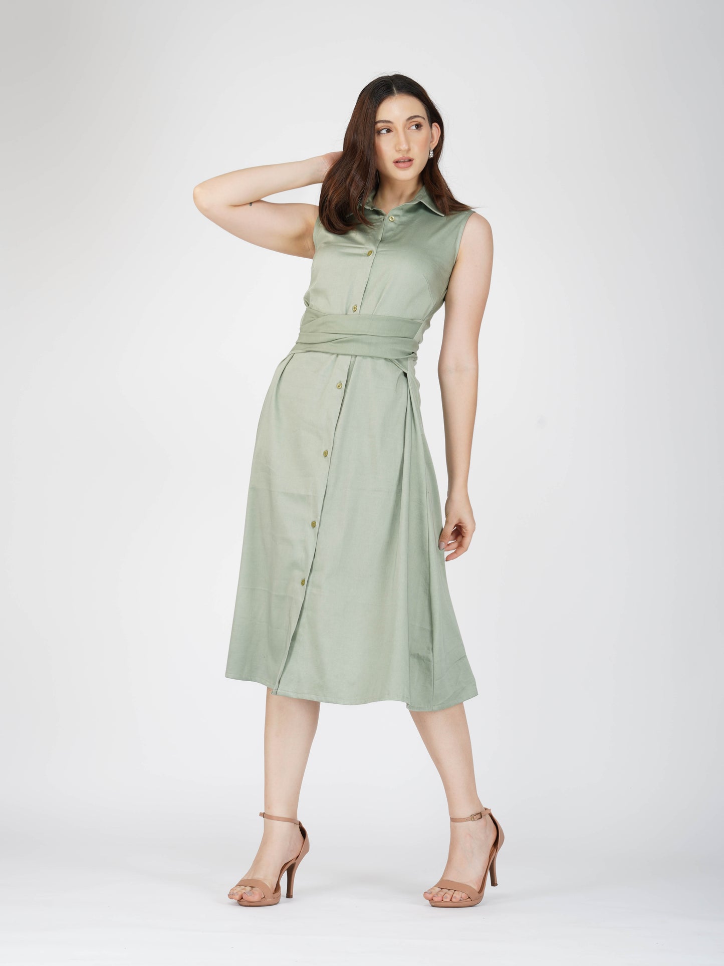 Green Button-Up Midi Dress - Stone Dress (Sage)