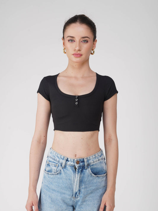 Black Crop Scoop Neck Top - Loom Top (Onyx)