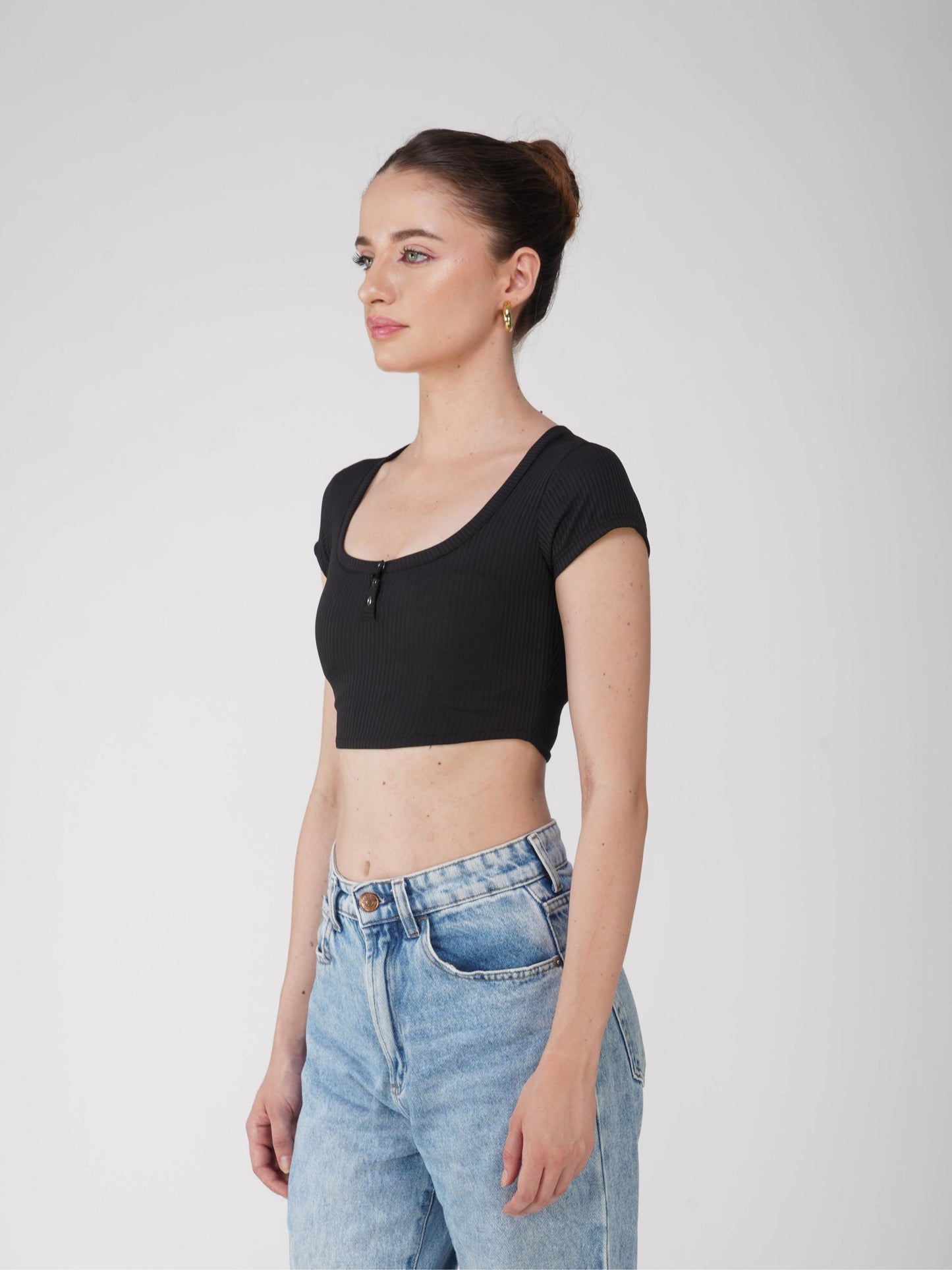 Black Crop Scoop Neck Top - Loom Top (Onyx)