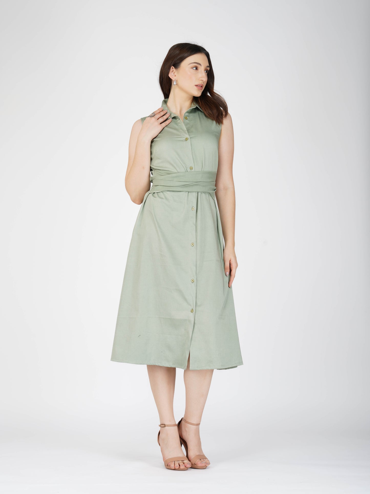 Green Button-Up Midi Dress - Stone Dress (Sage)