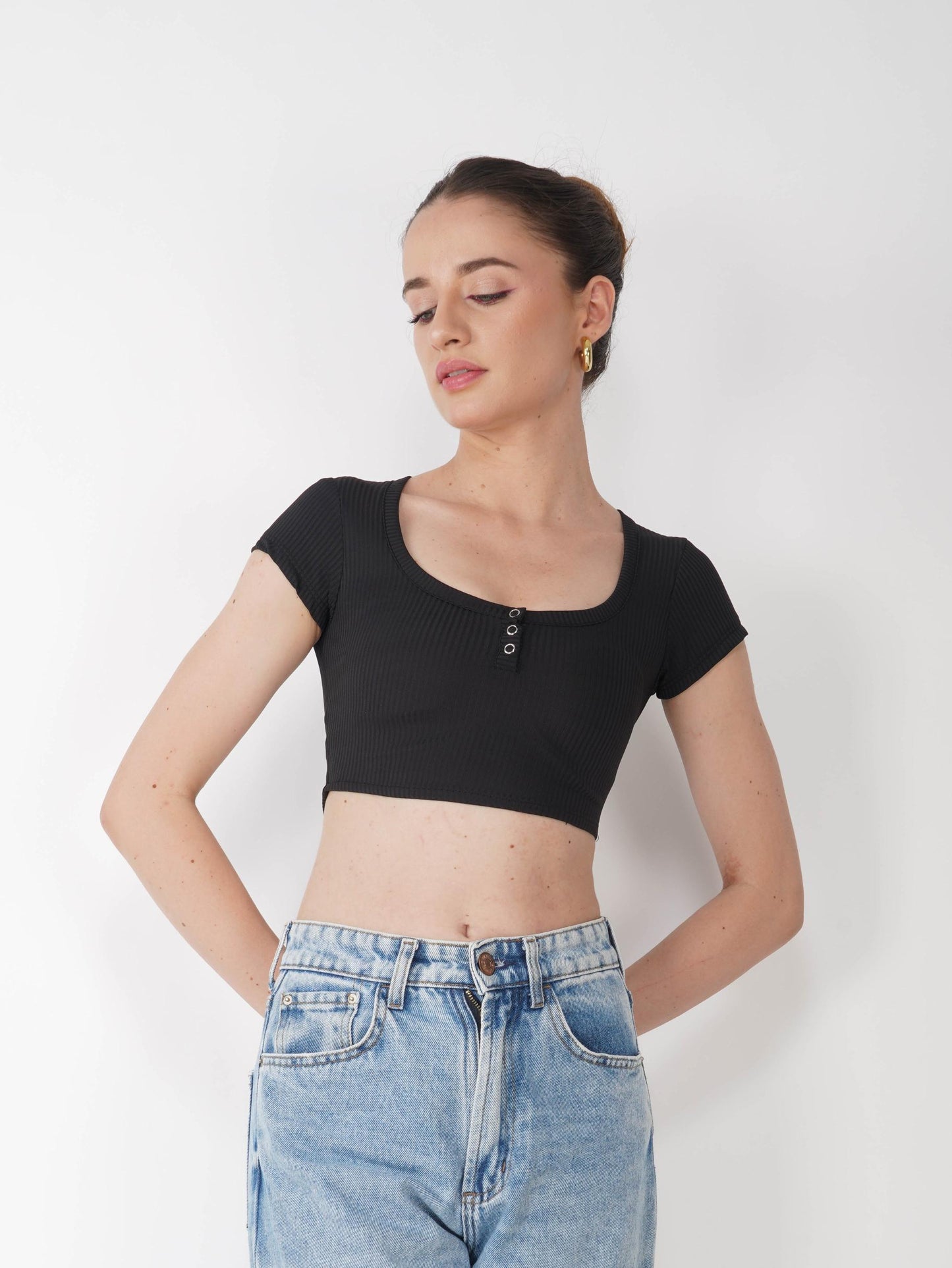 Black Crop Scoop Neck Top - Loom Top (Onyx)