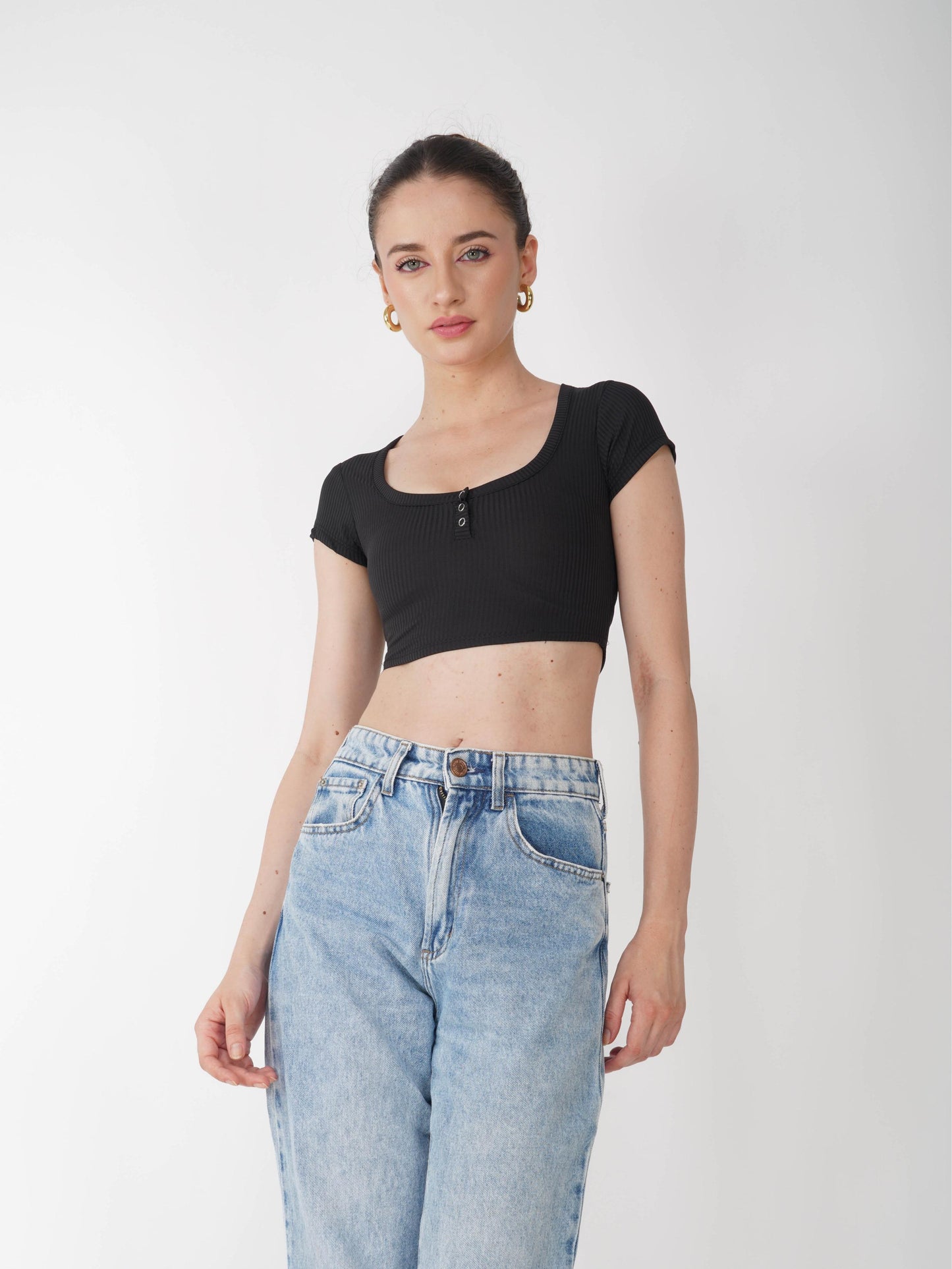 Black Crop Scoop Neck Top - Loom Top (Onyx)