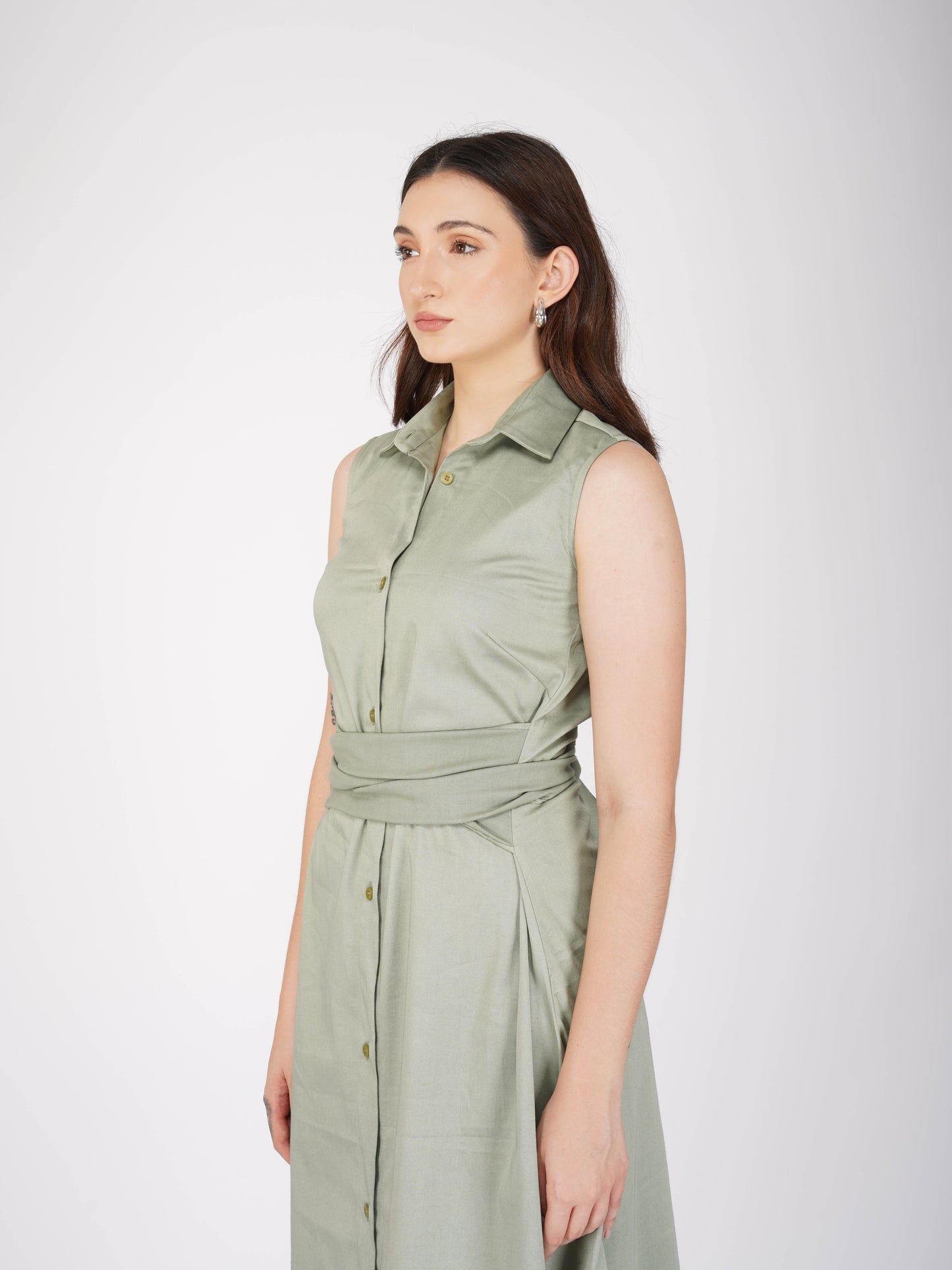 Green Button-Up Midi Dress - Stone Dress (Sage)