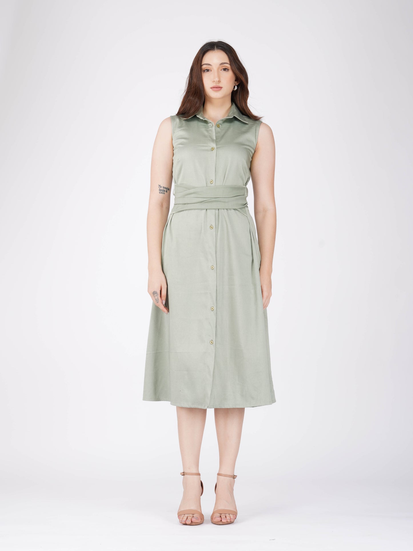 Green Button-Up Midi Dress - Stone Dress (Sage)