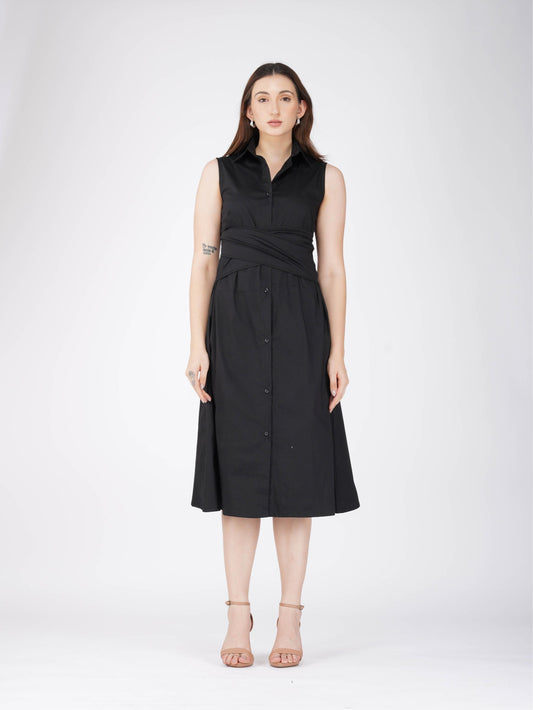 Black Button-Up Midi Dress - Stone Dress (Onyx)