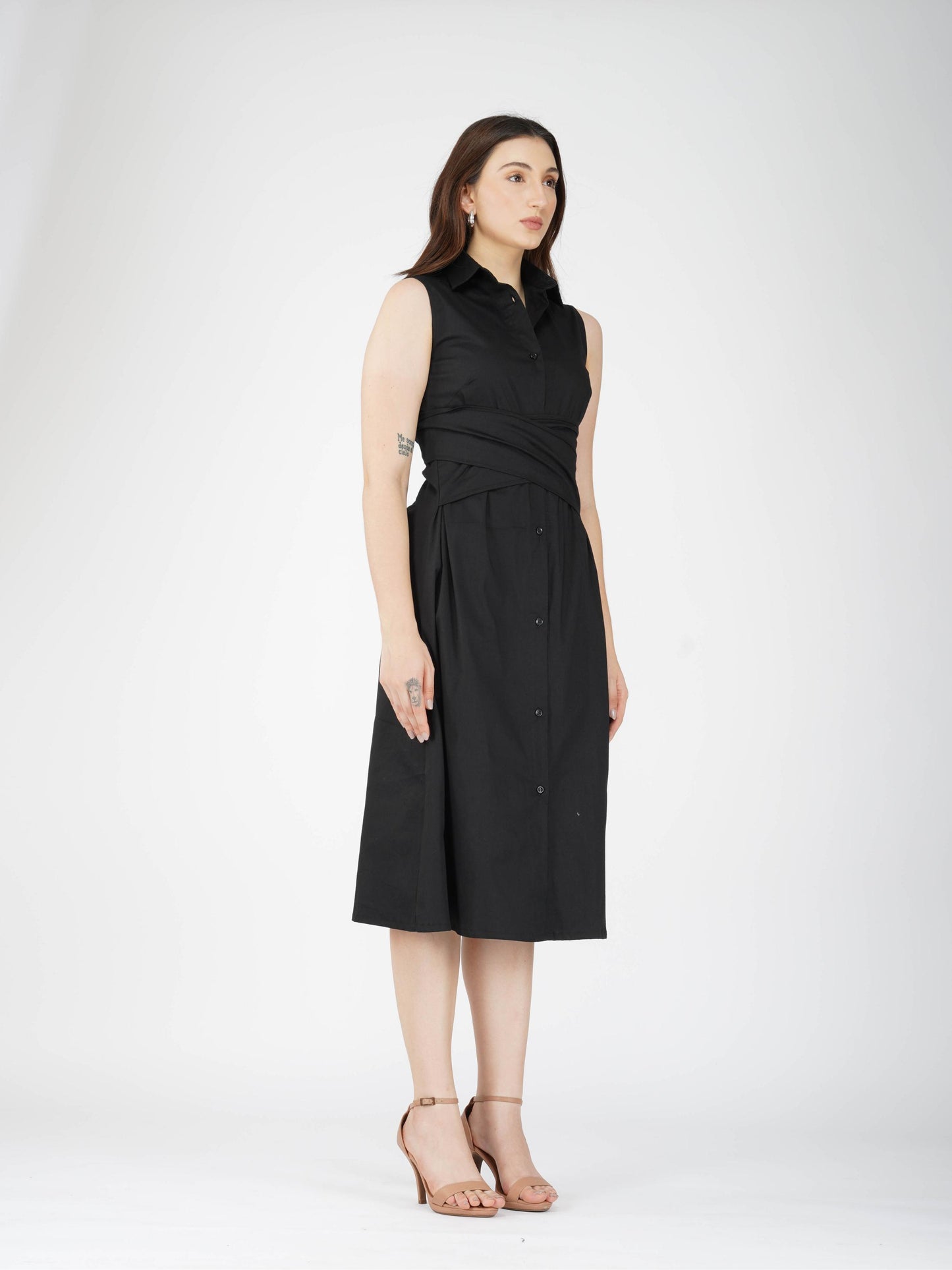 Black Button-Up Midi Dress - Stone Dress (Onyx)