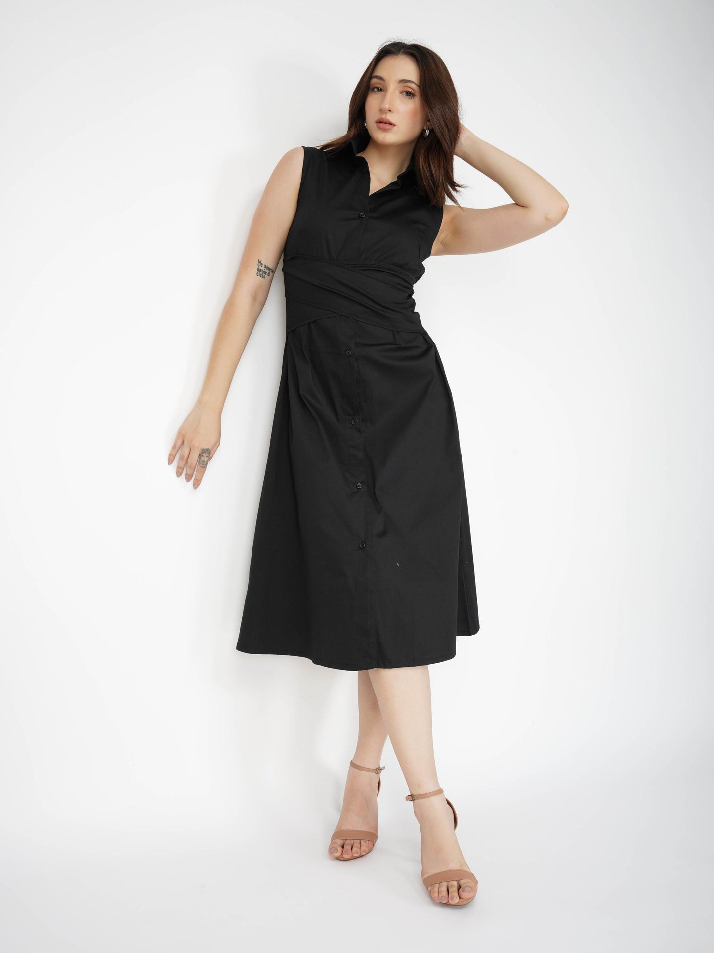Black Button-Up Midi Dress - Stone Dress (Onyx)