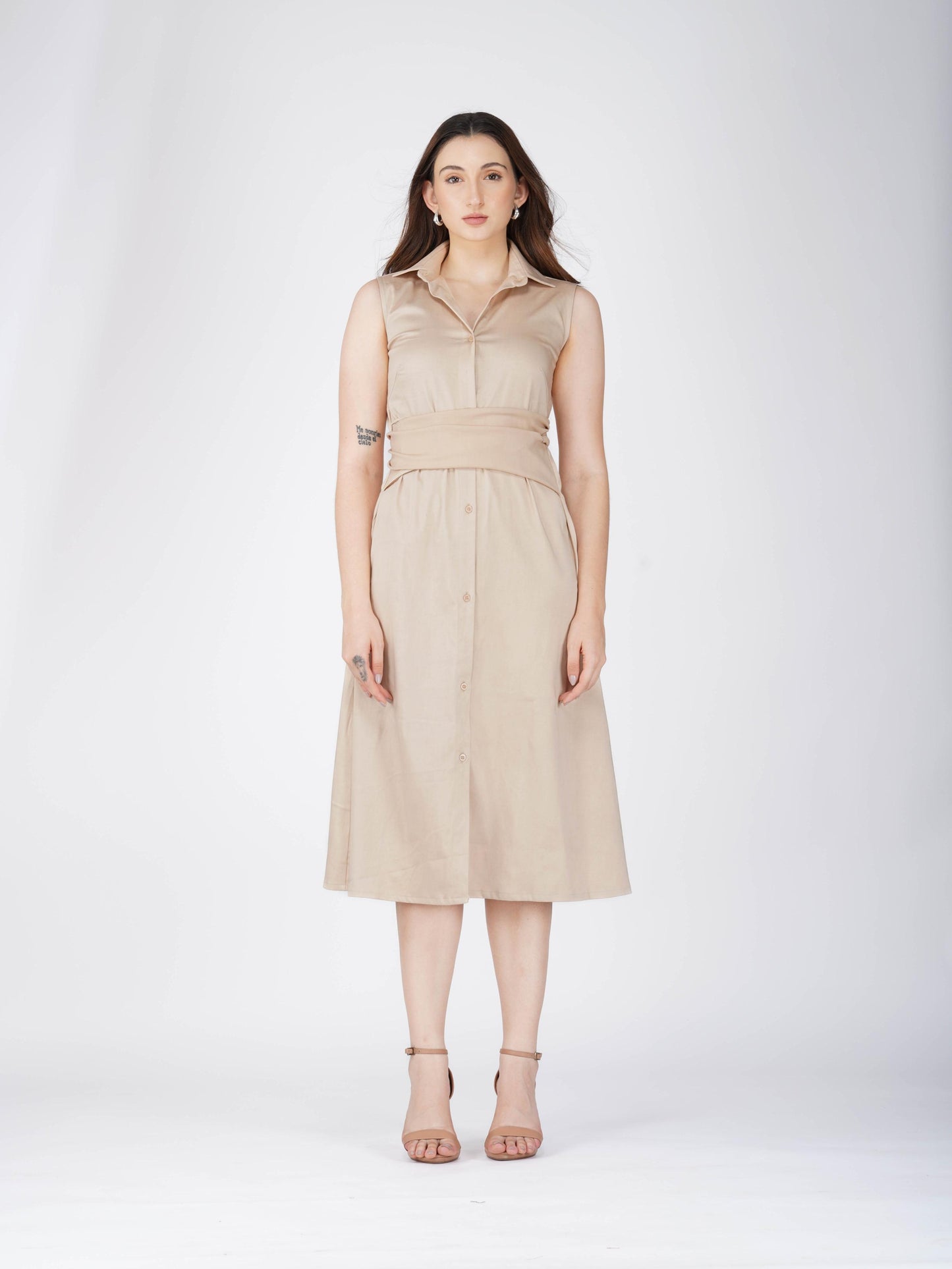 Beige Button-Up Midi Dress - Stone Dress (Sand)
