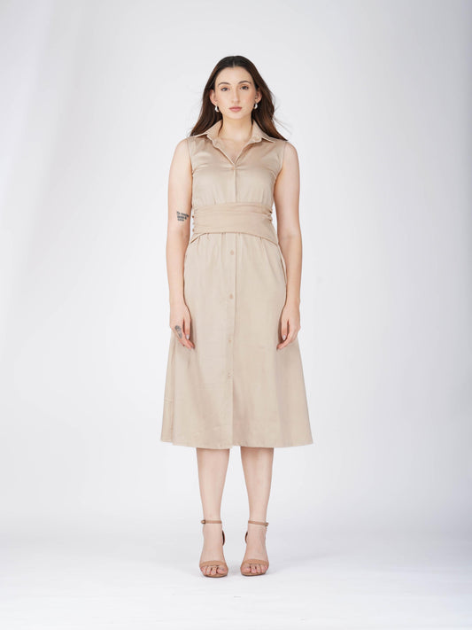 Beige Button-Up Midi Dress - Stone Dress (Sand)