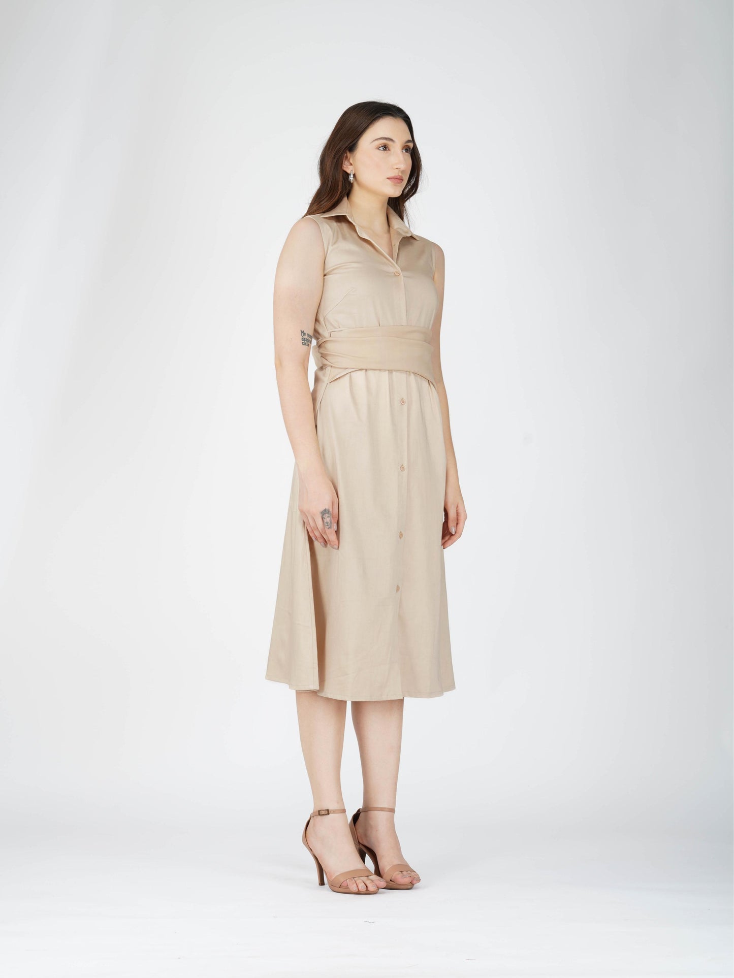 Beige Button-Up Midi Dress - Stone Dress (Sand)