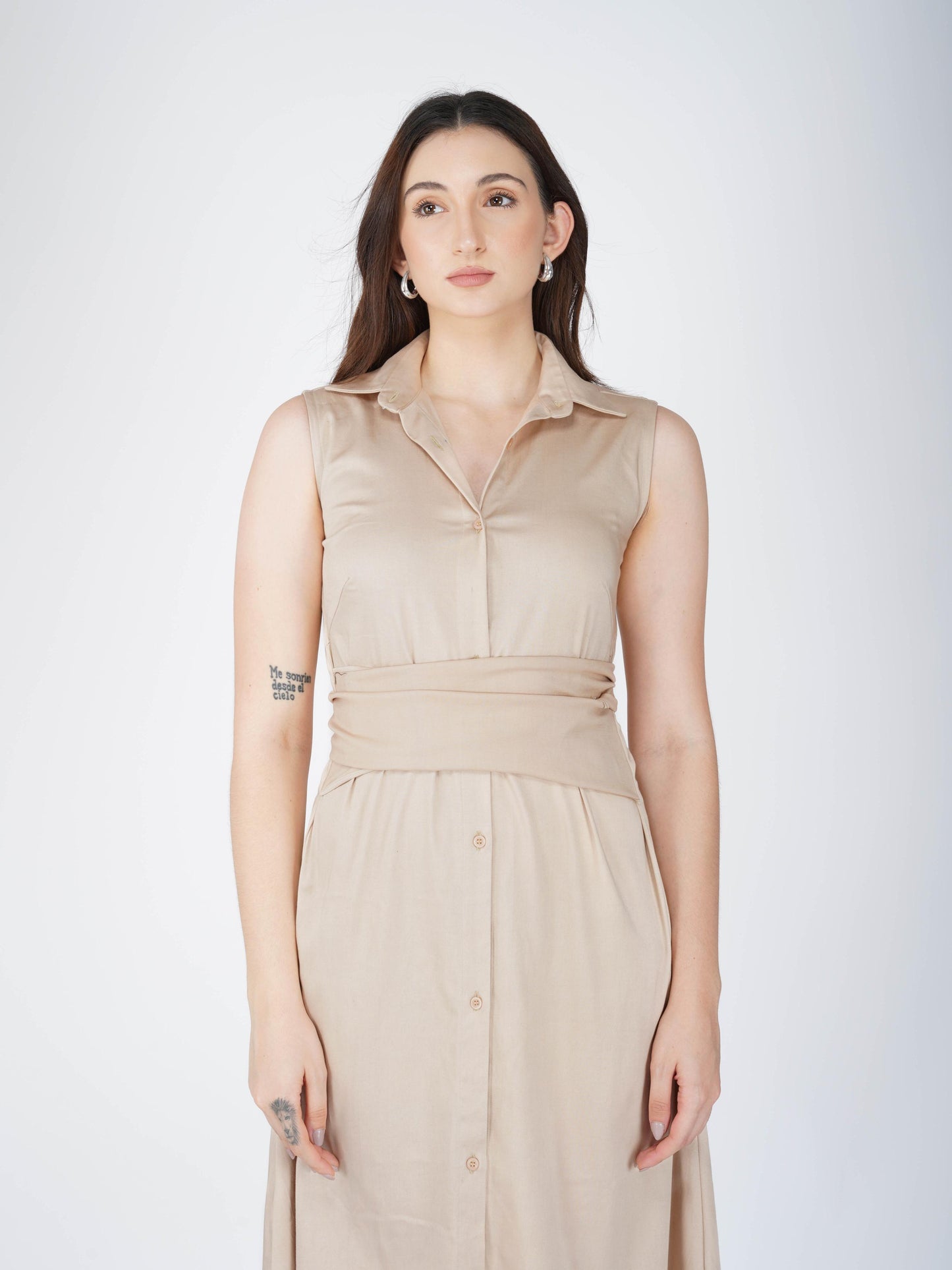 Beige Button-Up Midi Dress - Stone Dress (Sand)