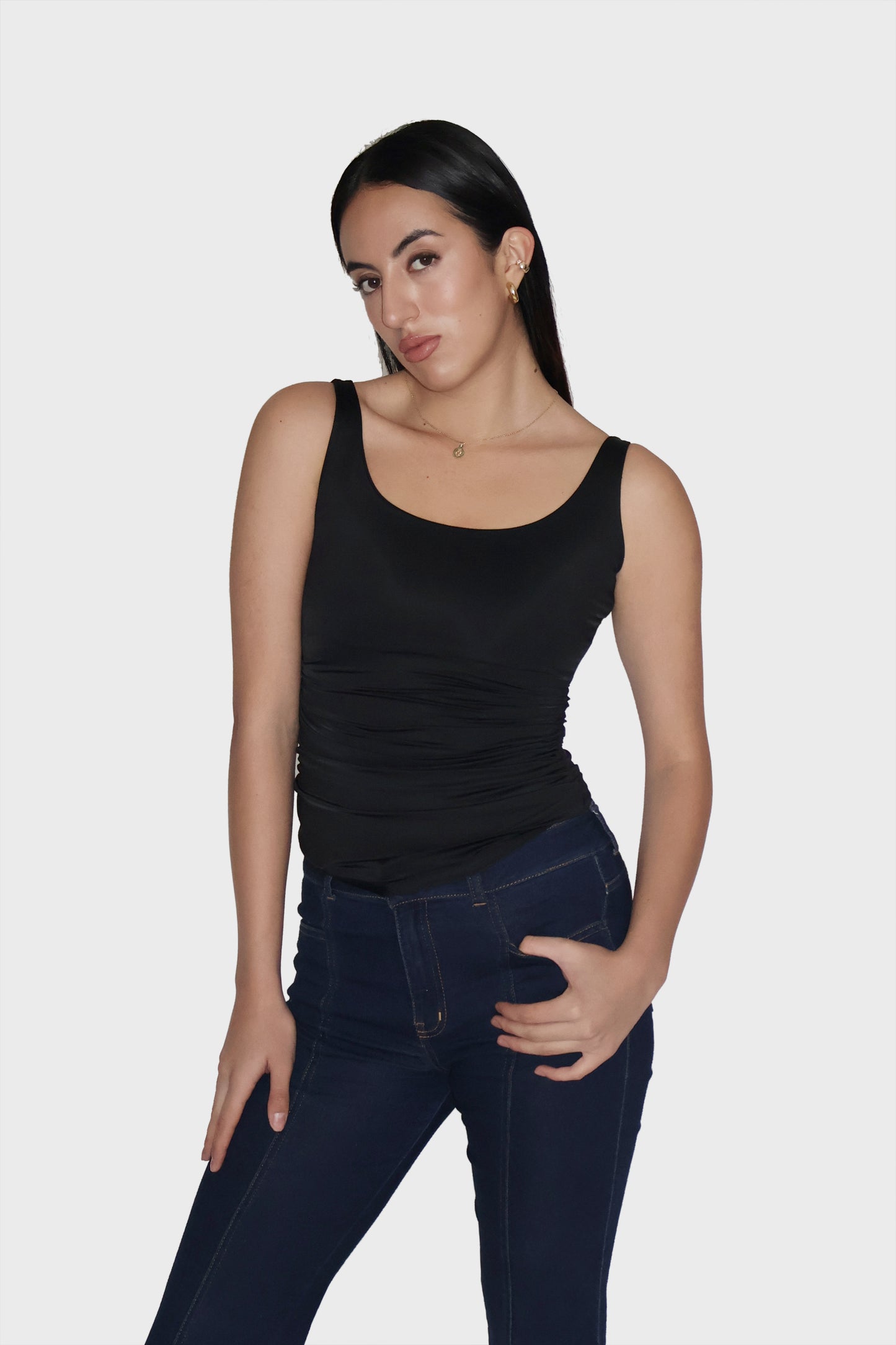 Black Ruched Tank Top - Quill Top (Onyx)