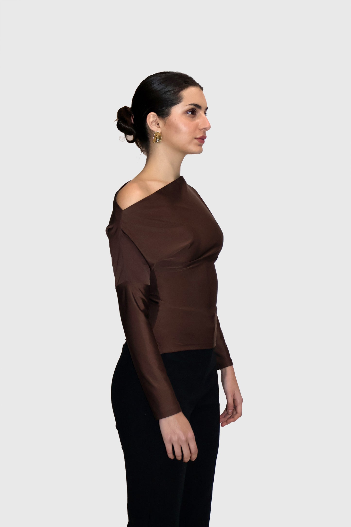 Brown One-Shoulder Full Sleeve Top - Oak Top (Coco)