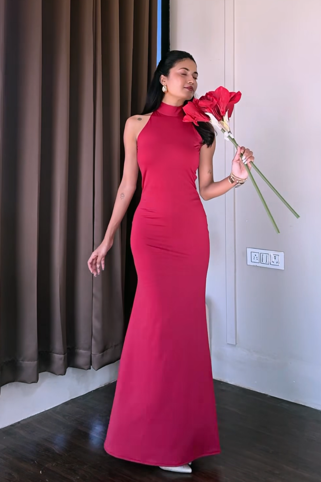 Navya Naidu in Red Halter Neck Maxi Dress - Ether Dress (Cherry)