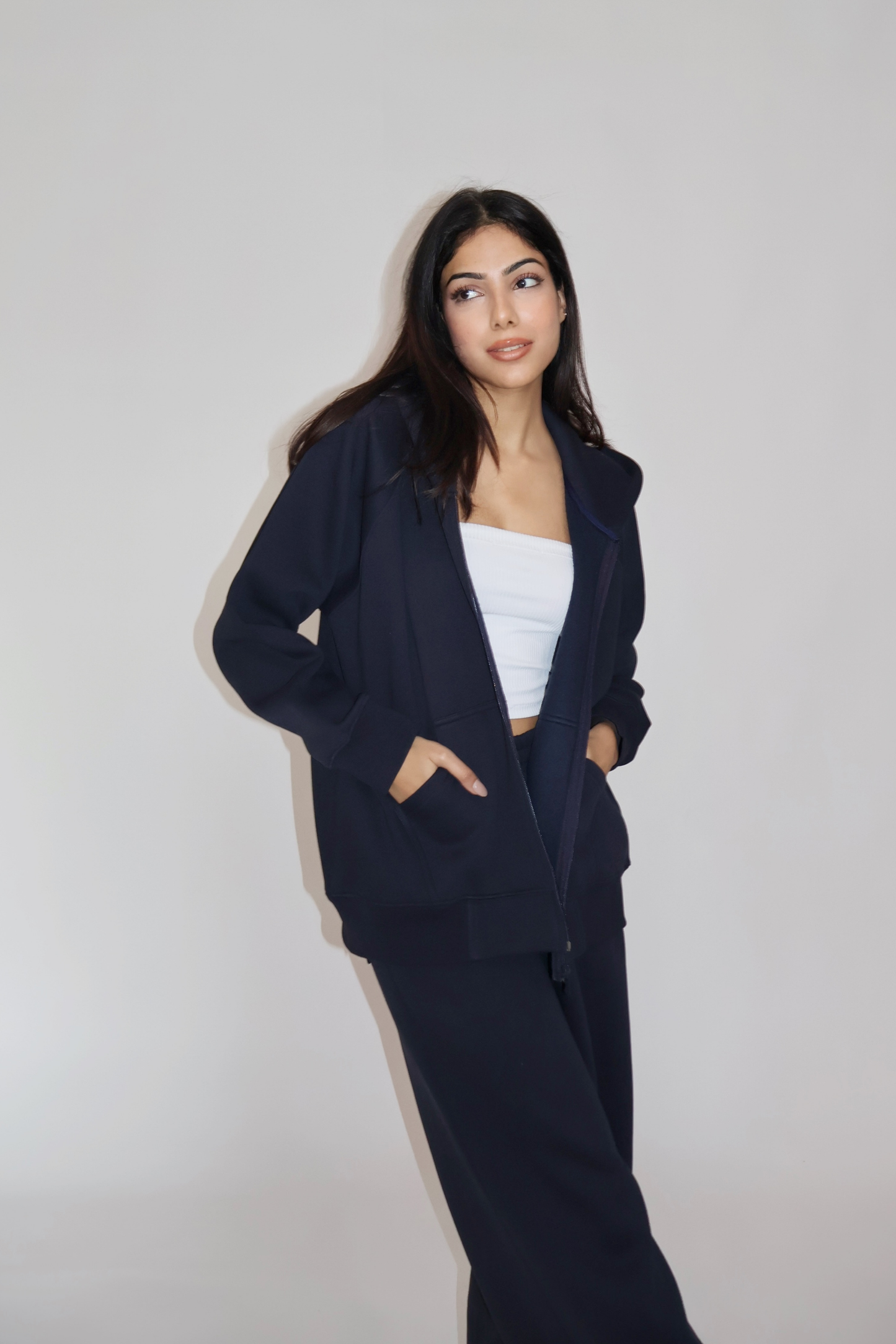 HOODED ZIPPER CO-ORD SET - (Navy)