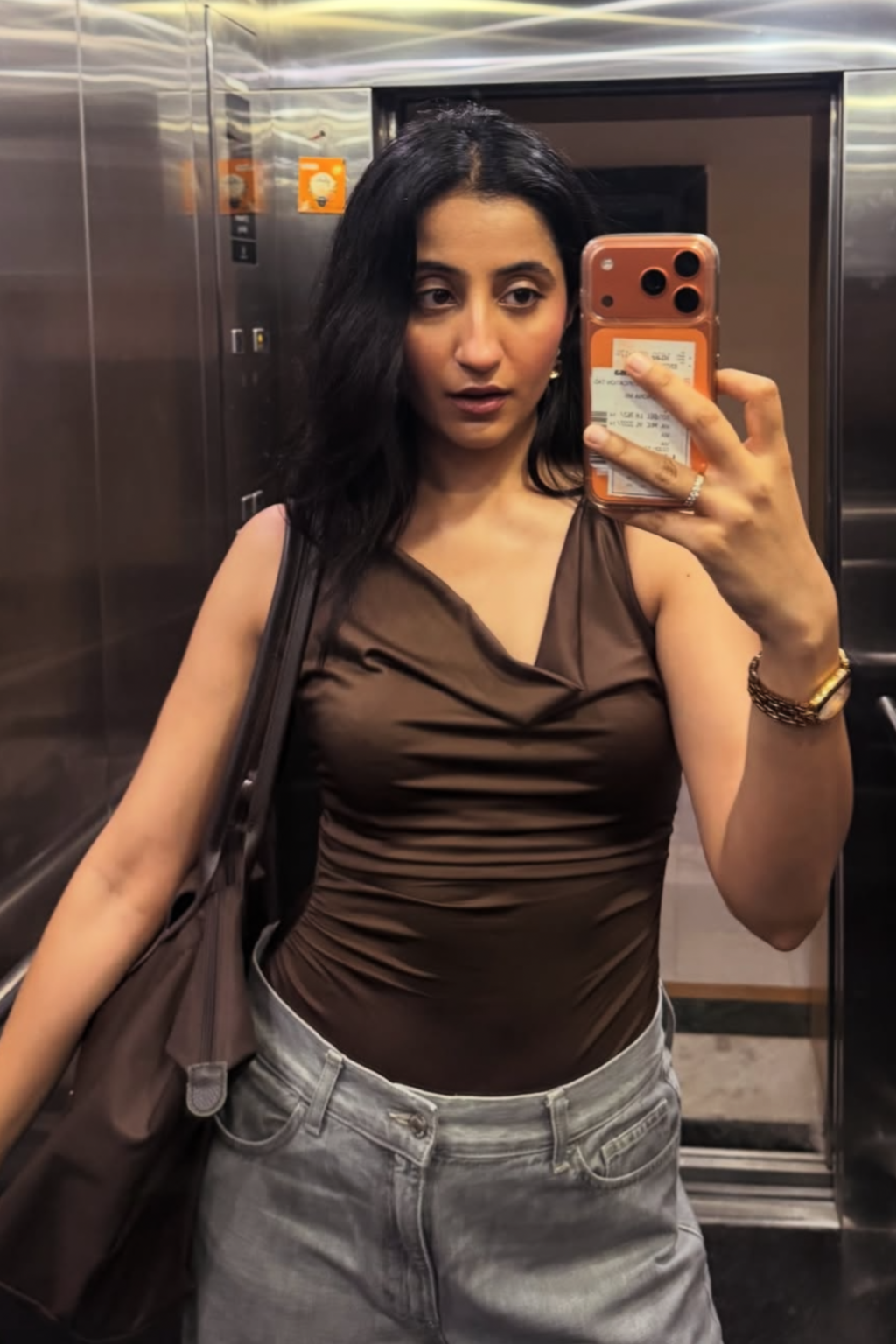 Nona in Brown Cowl Neck Bodysuit - Prism Bodysuit (Coco)