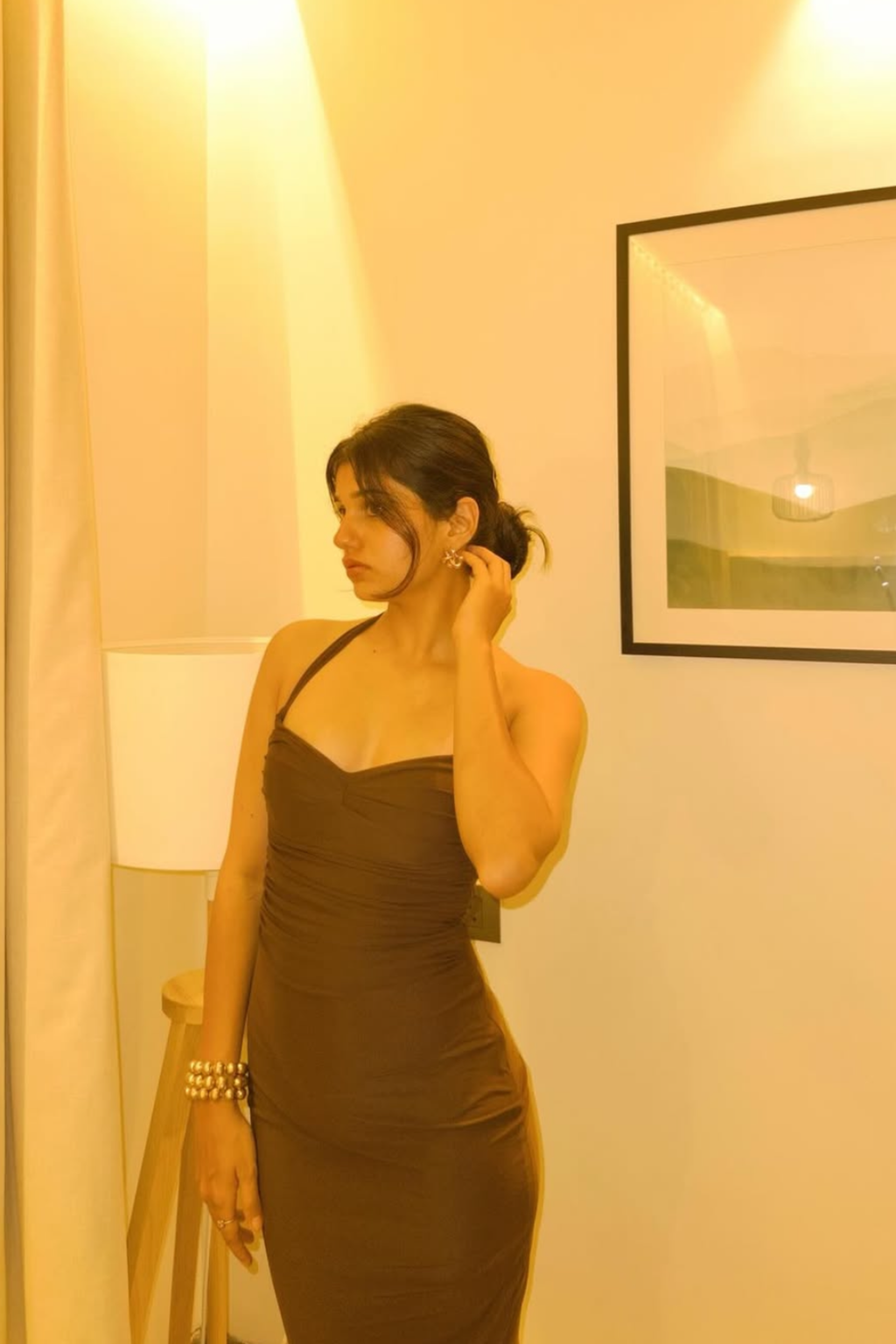 Tarini Shah in Brown Sweetheart Neckline Dress - Ray Dress (Coco)