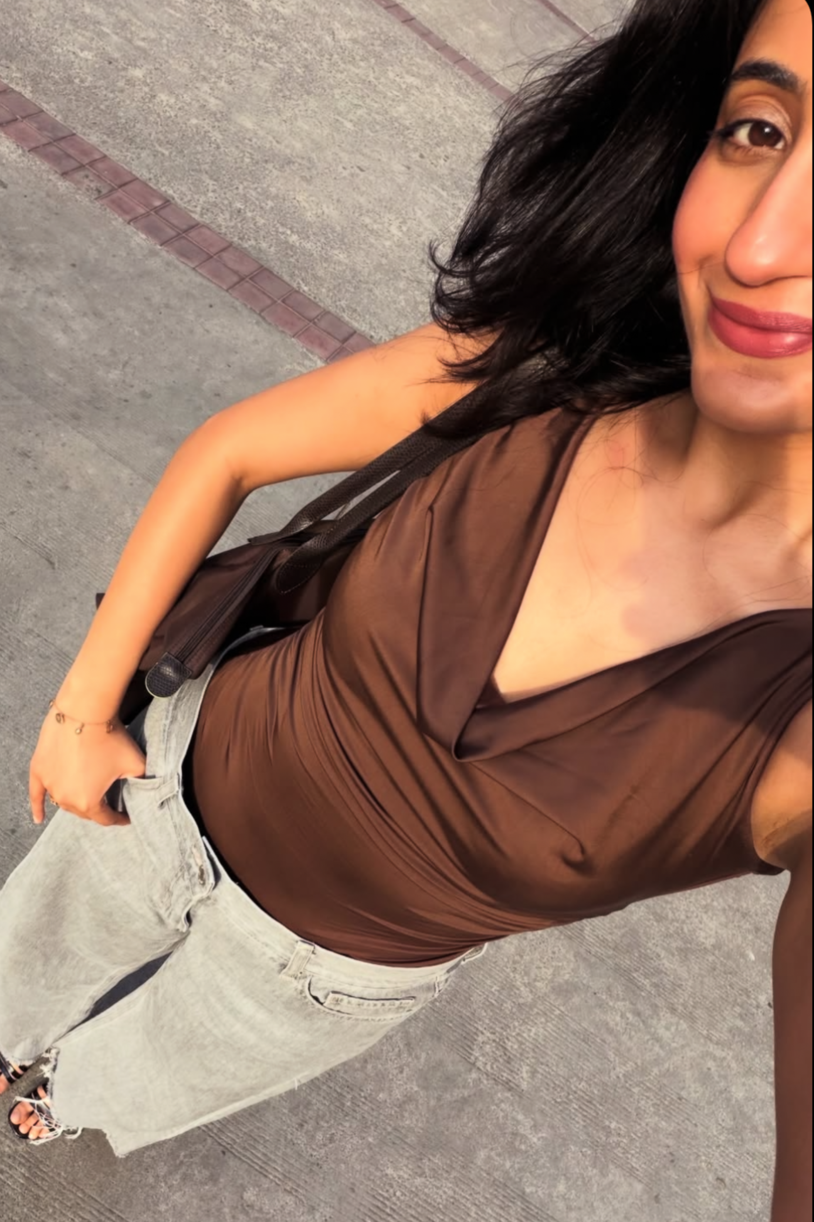 Nona in Brown Cowl Neck Bodysuit - Prism Bodysuit (Coco)