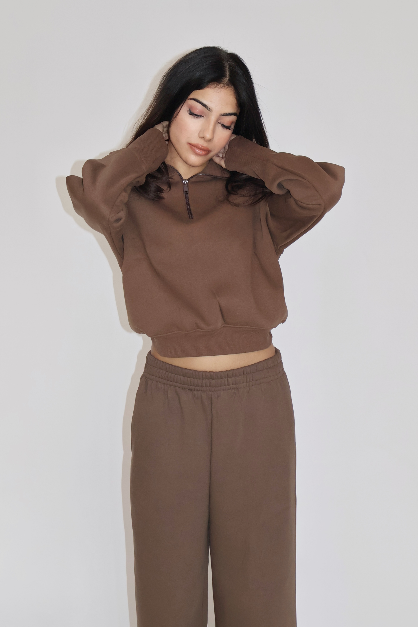 CROPPED ZIPPER CO-ORD SET - (Brown)