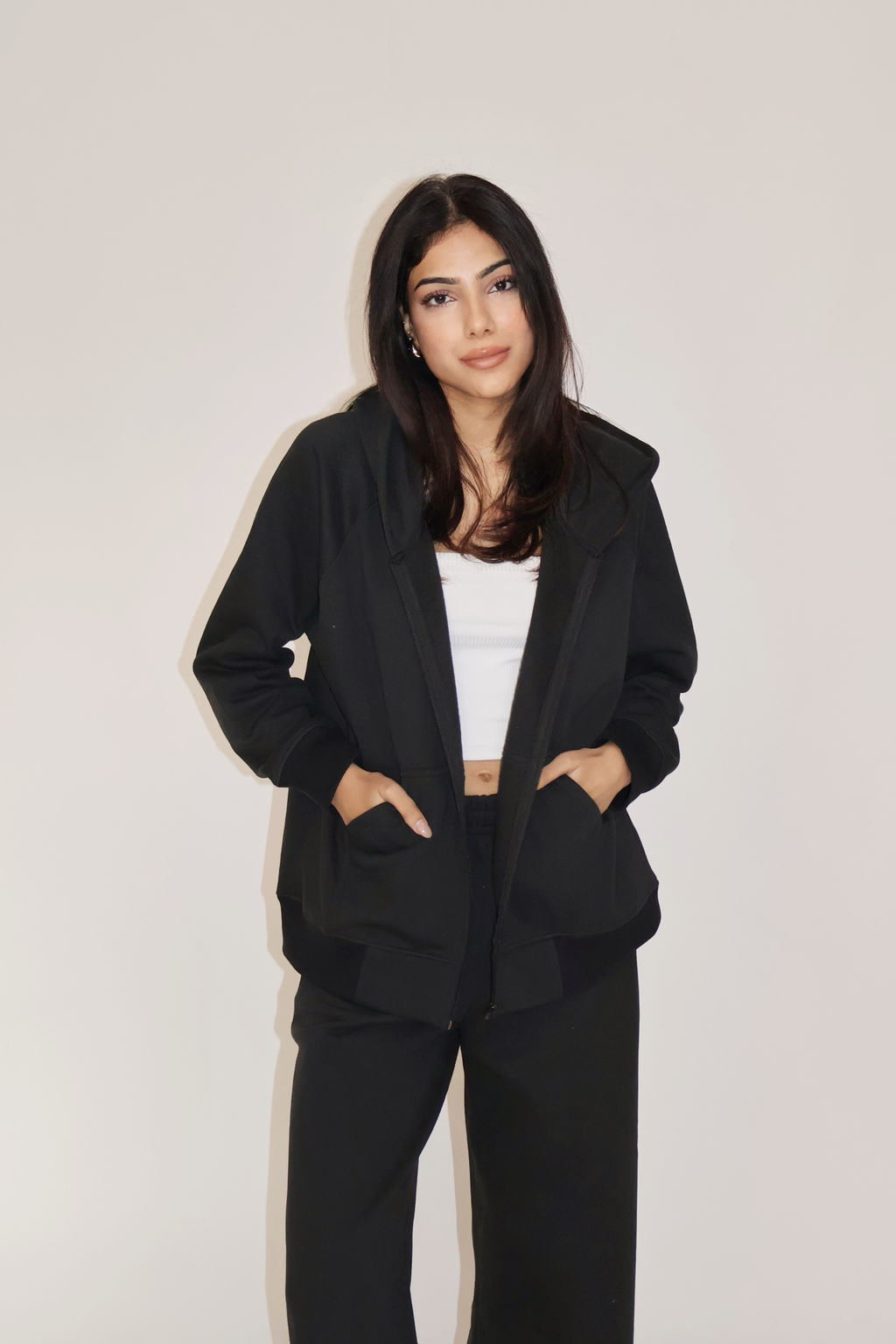 HOODED ZIPPER CO-ORD SET - (Black)