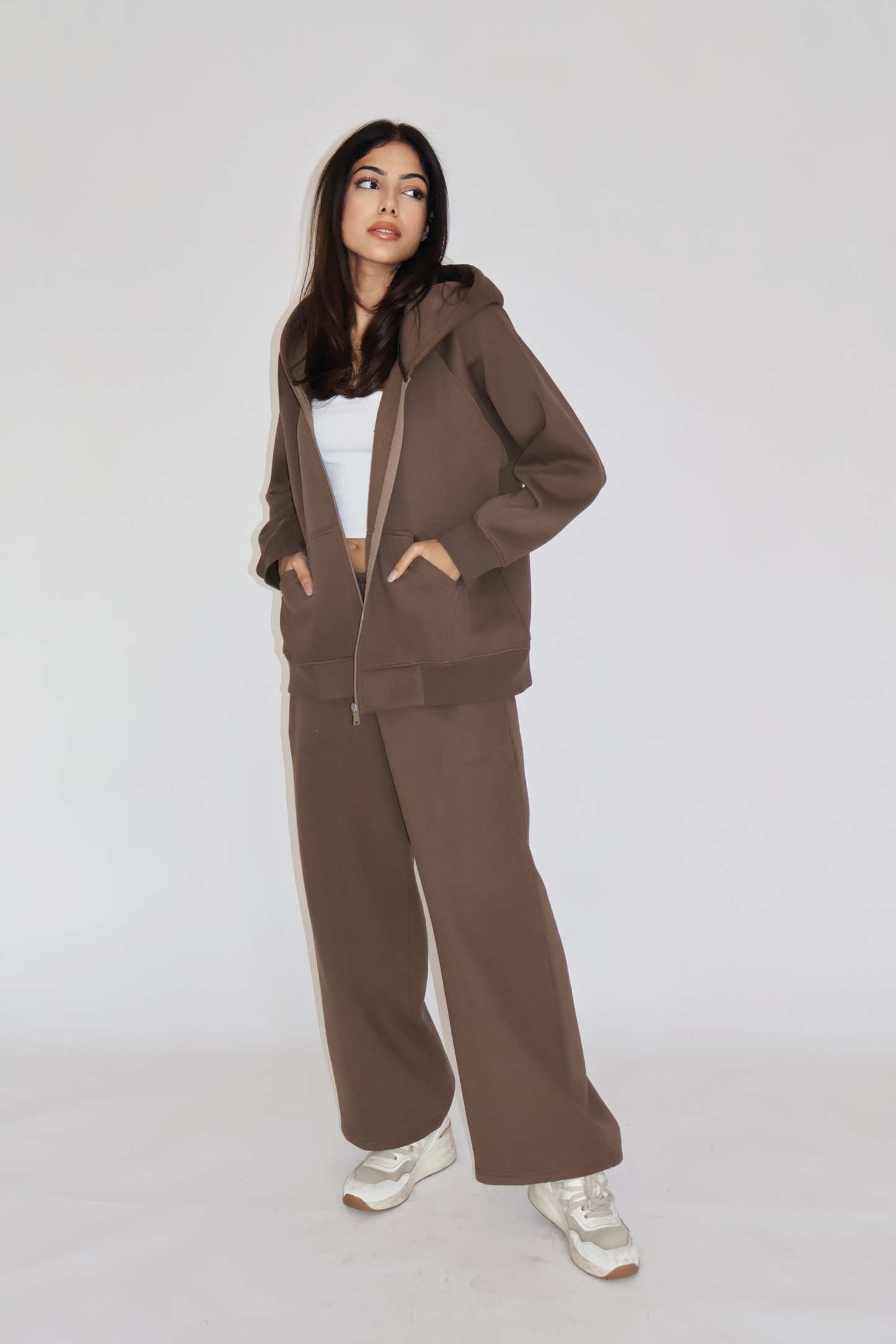 HOODED ZIPPER CO-ORD SET - (Brown)