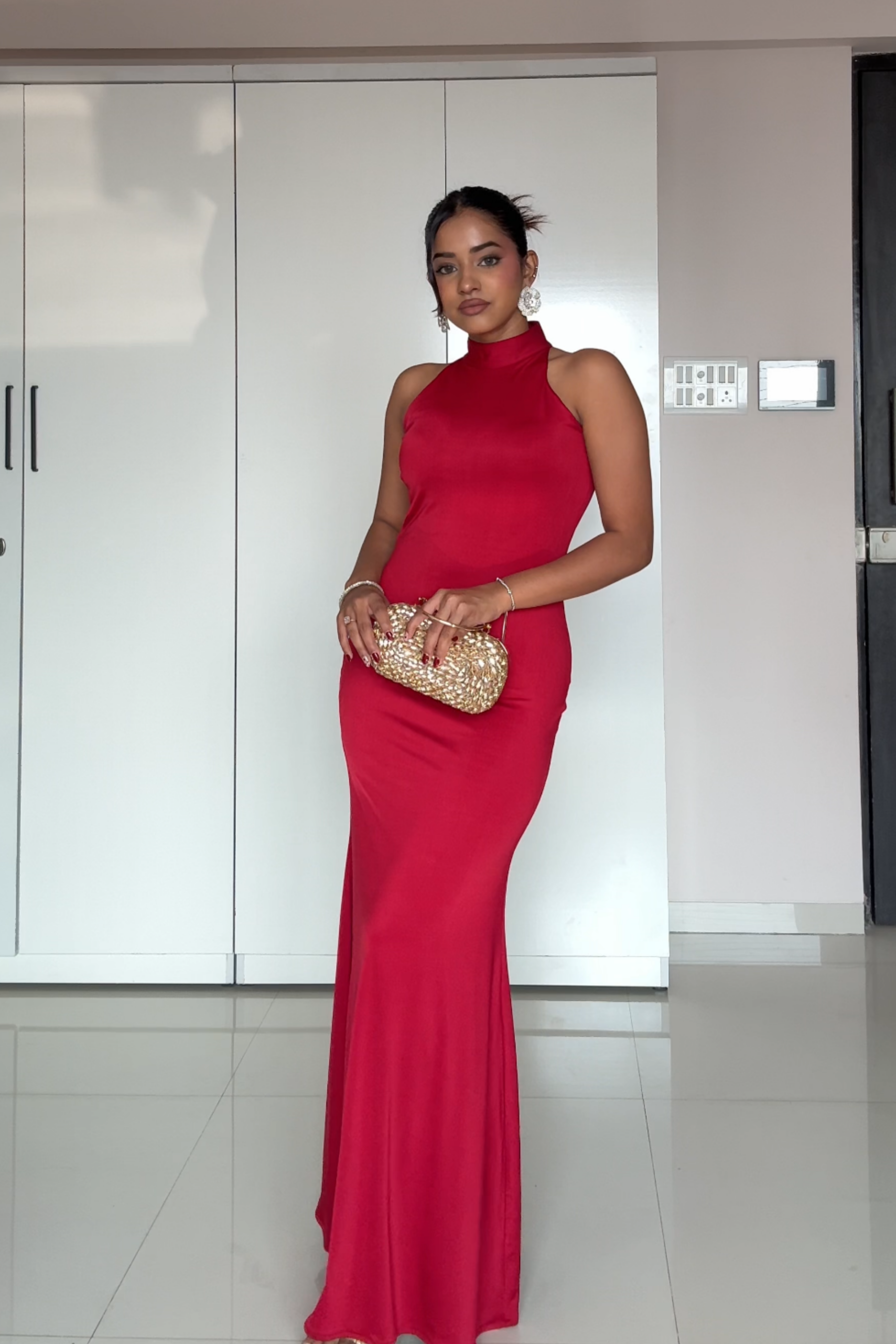 Sanjeevani in Red Halter Neck Maxi Dress - Ether Dress (Cherry)