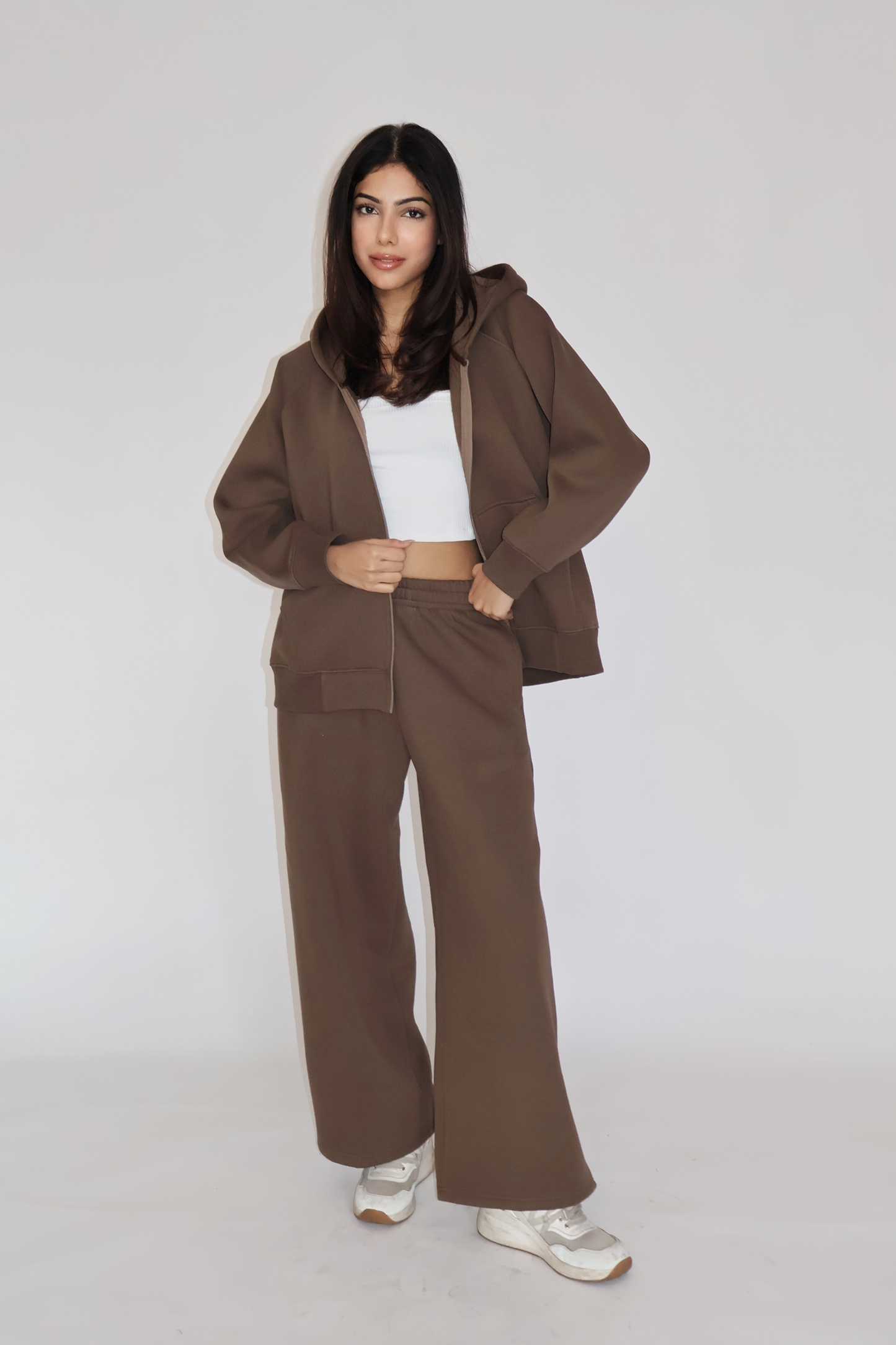 HOODED ZIPPER CO-ORD SET - (Brown)