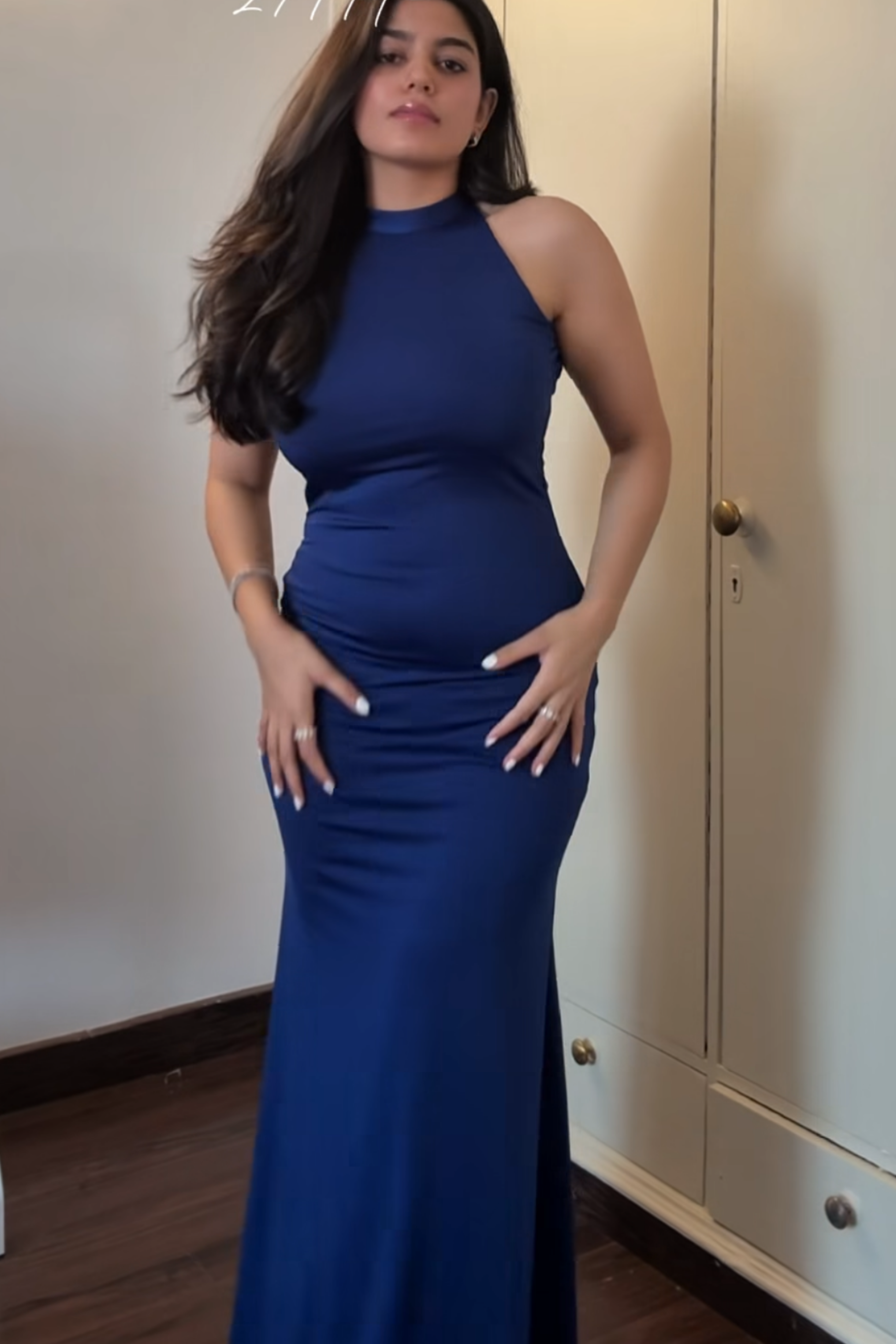 Ria in Blue Long Halter Neck Maxi Dress - Ether Dress (Navy)