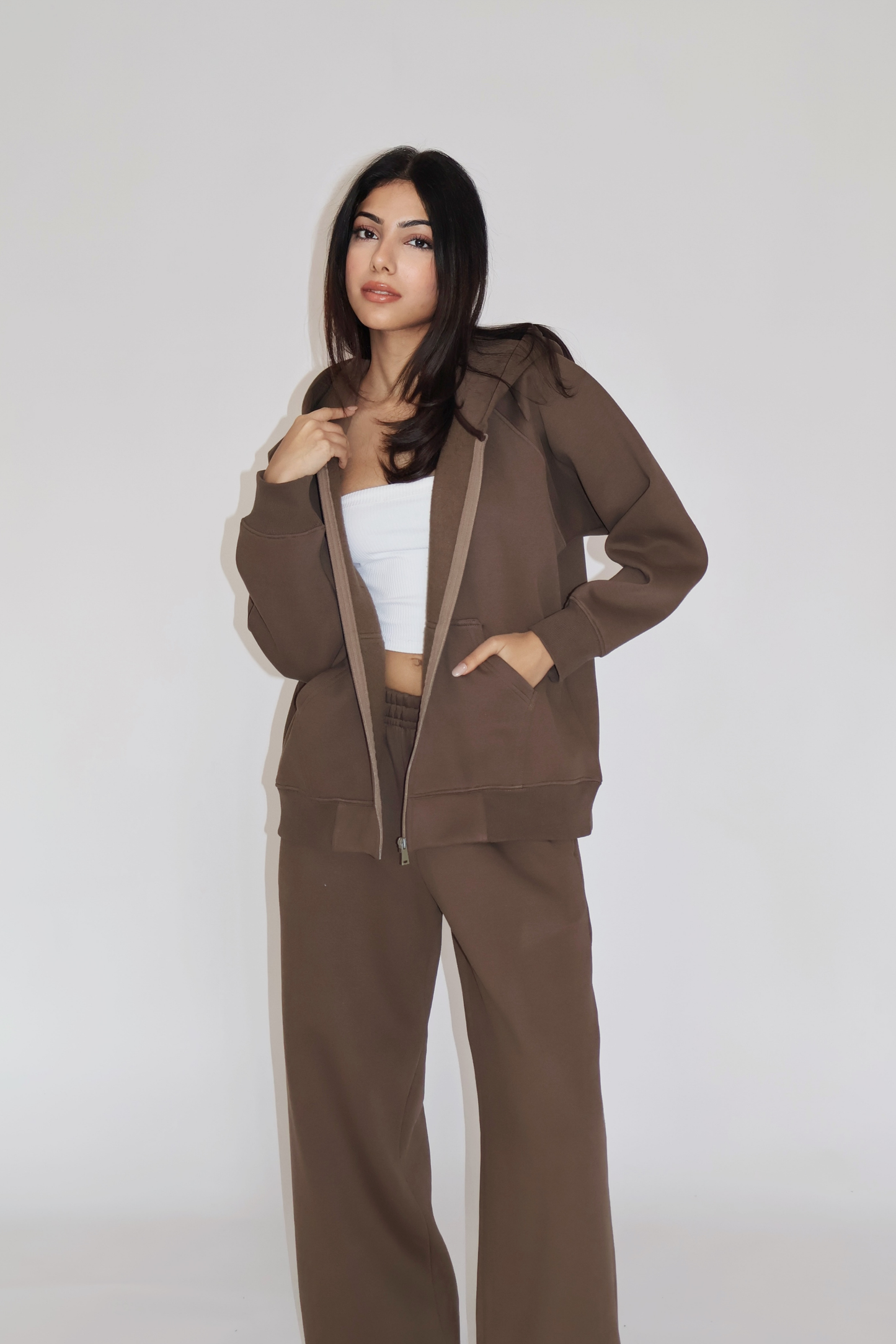 HOODED ZIPPER CO-ORD SET - (Brown)