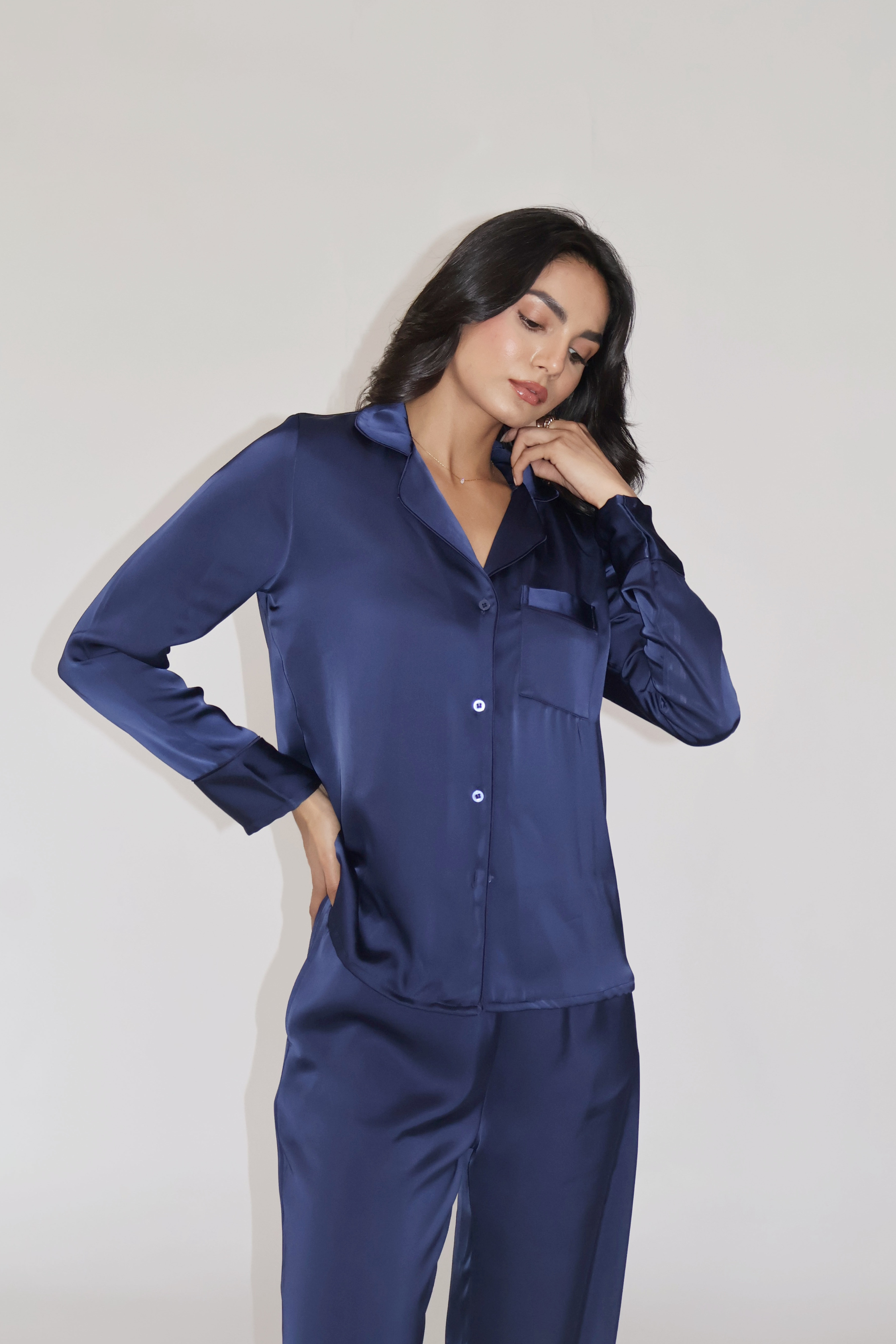 PEARL SILK PJ SET - (Navy)
