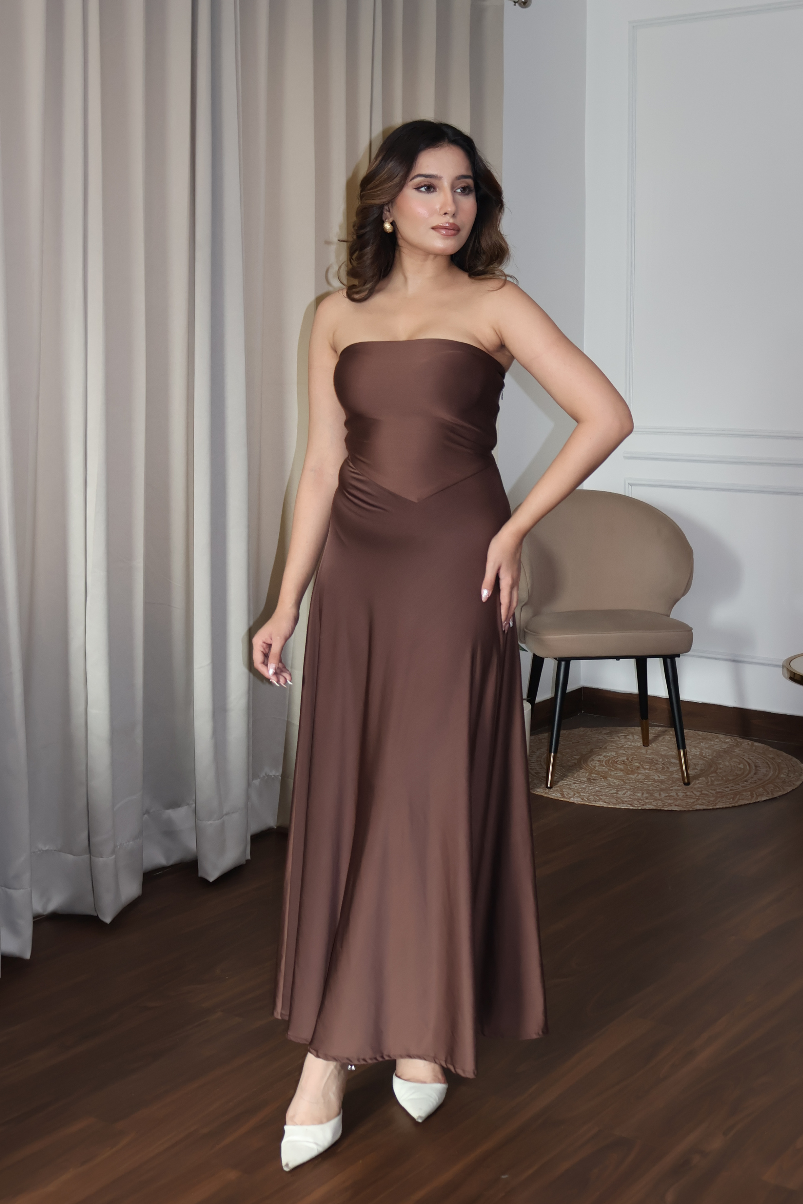 Lavika in Brown Flare Tube Dress - Flow Dress (Coco)