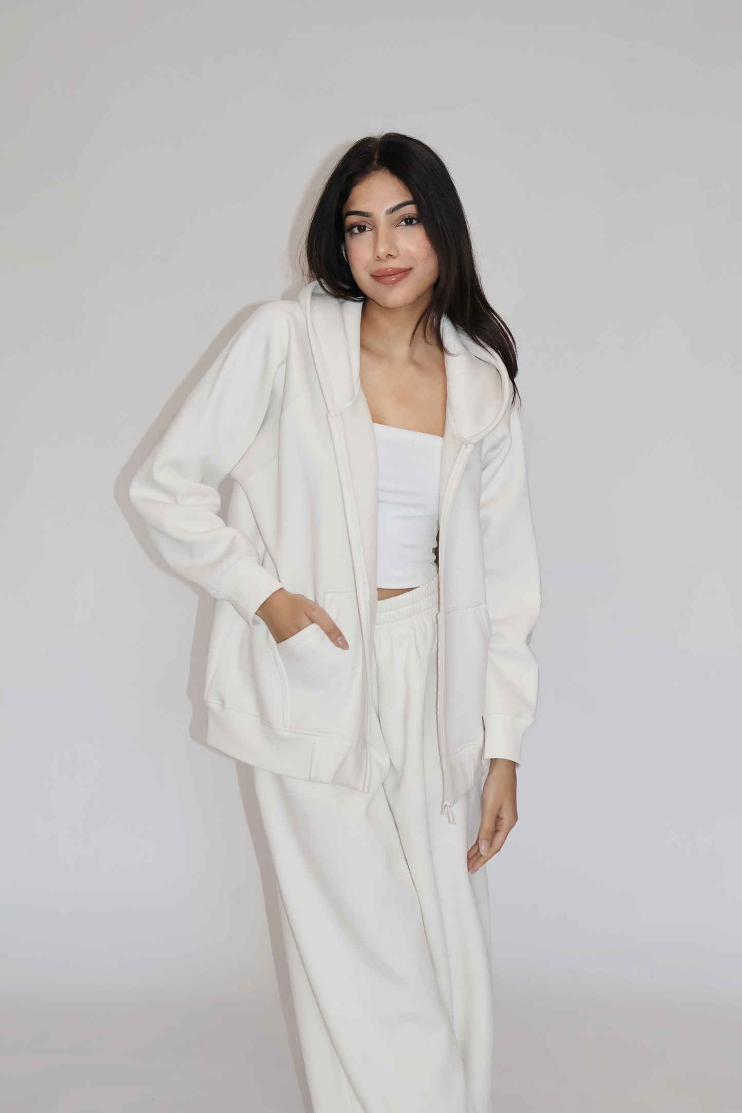 HOODED ZIPPER CO-ORD SET - (White)