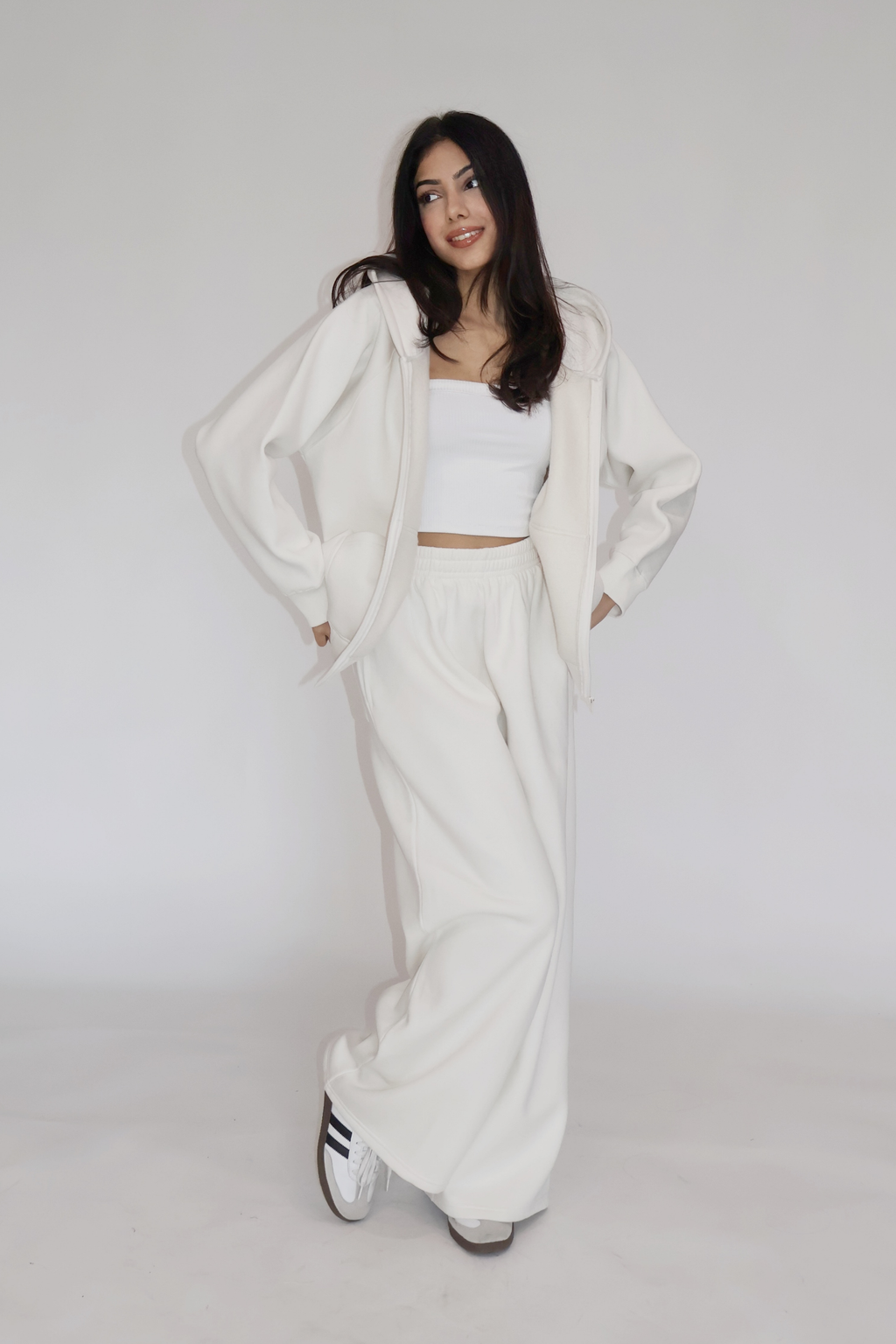 HOODED ZIPPER CO-ORD SET - (White)