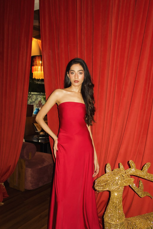 Arushi Goel in Red Flare Tube Dress - Flow Dress (Cherry)