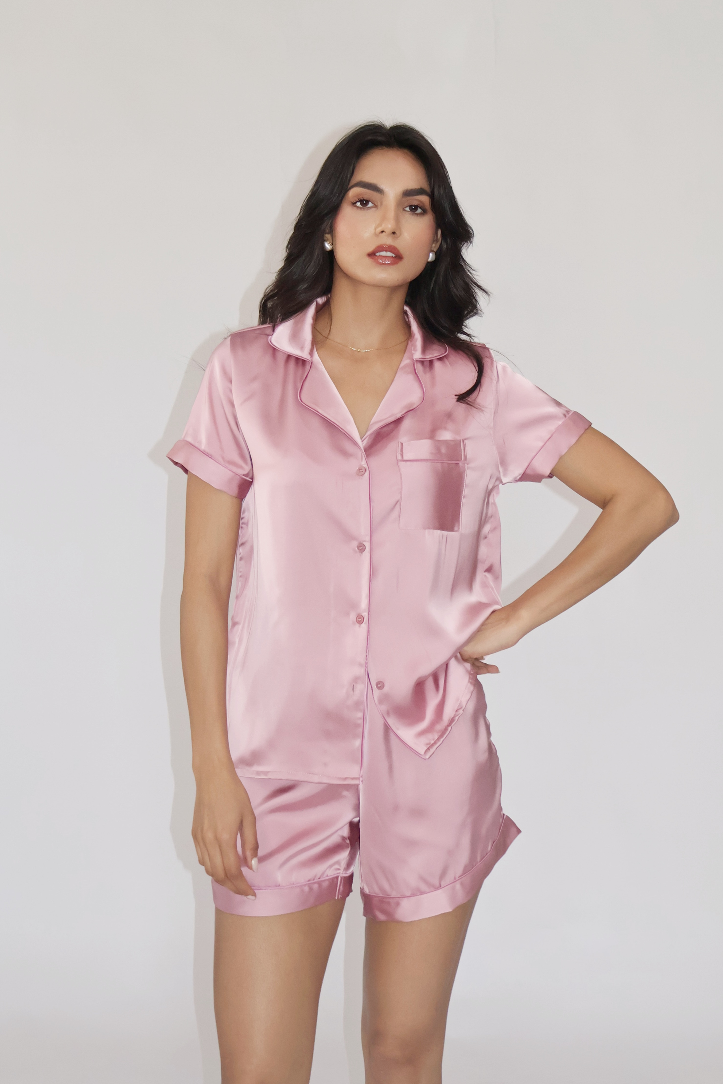 CREME SILK PJ SET - (Pink)